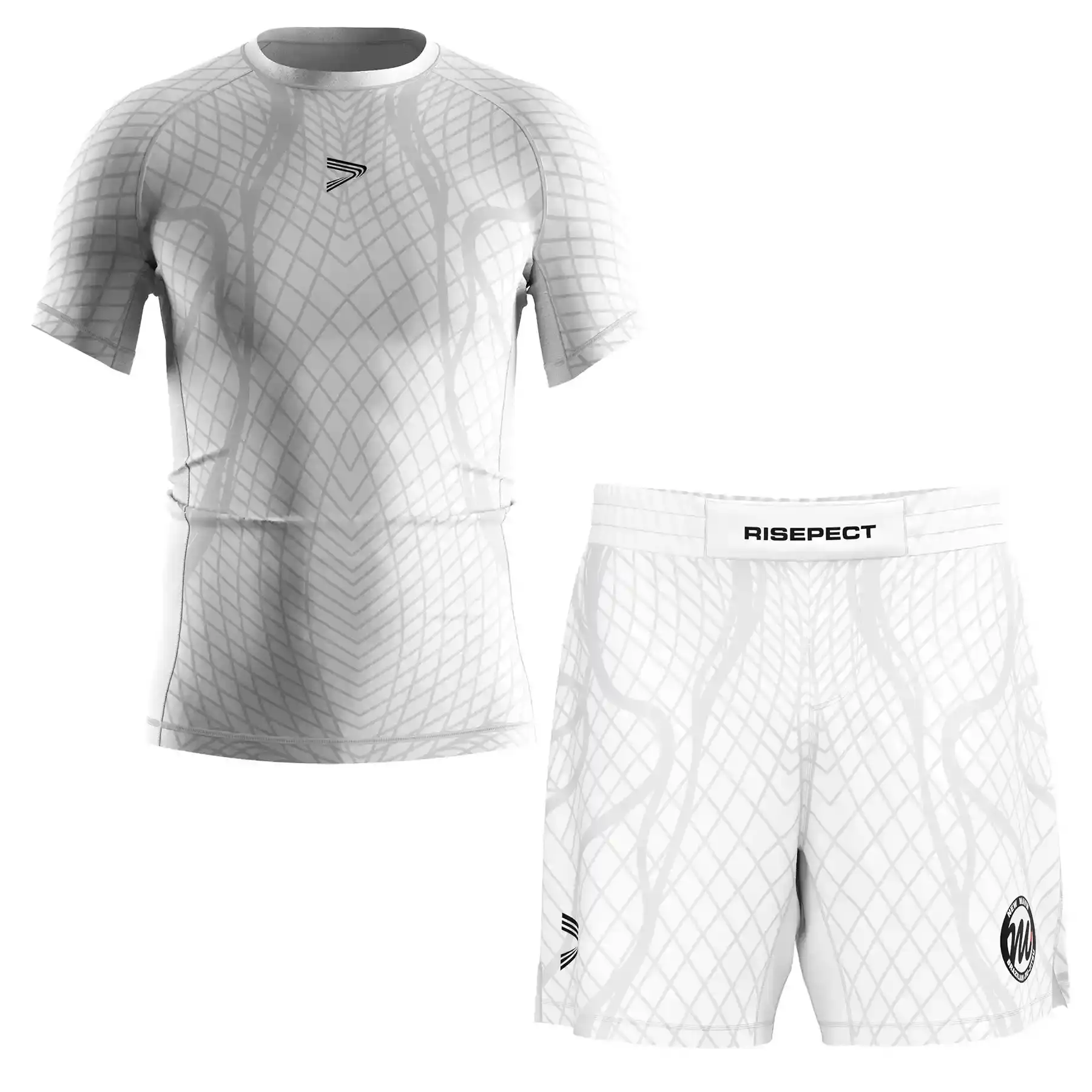 The Front View of White Belt Ranked No-Gi Set Rashguard & Fight Shorts for BJJ