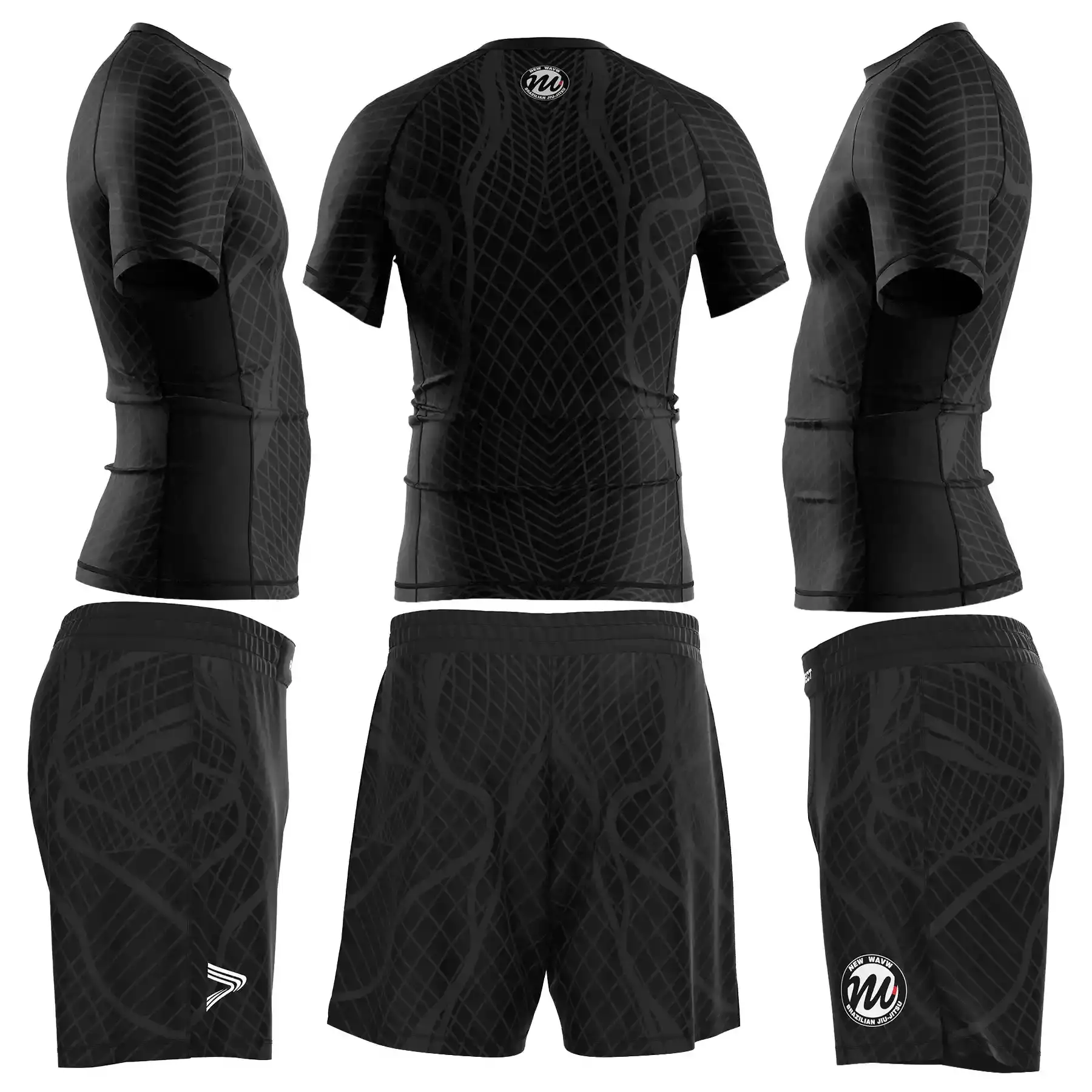 The Side & Back View of Black Belt Ranked No-Gi Set Rashguard & Fight Shorts for BJJ