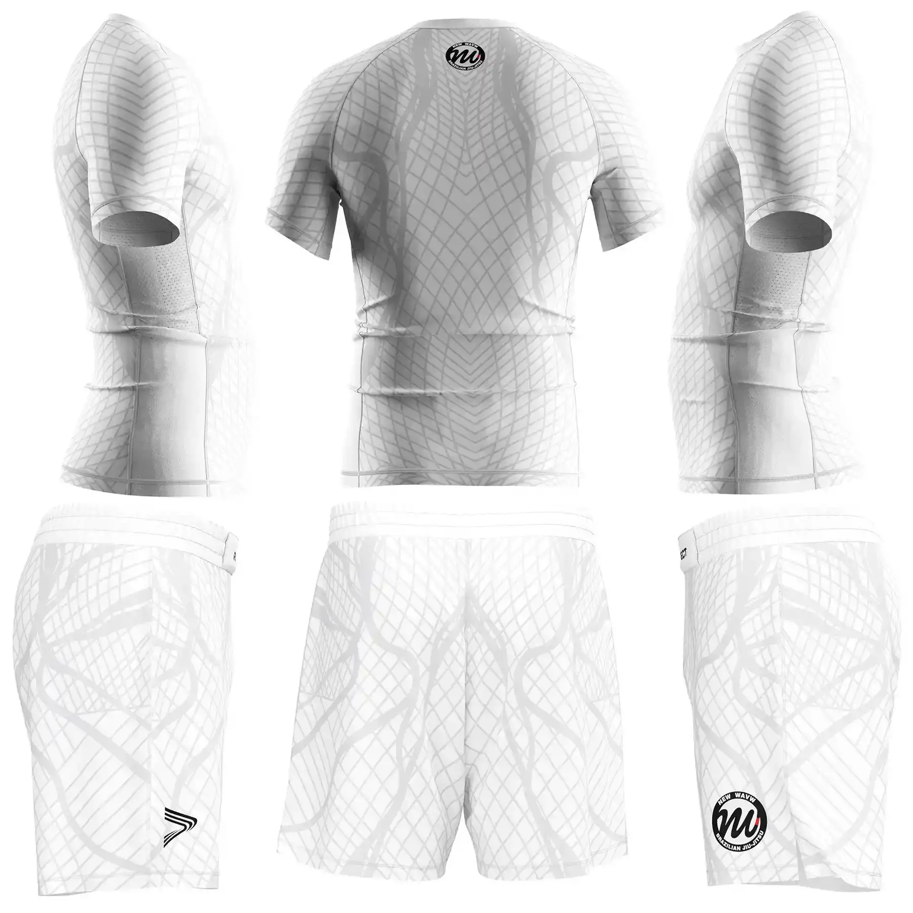 The Side & Back View of White Belt Ranked No-Gi Set Rashguard & Fight Shorts for BJJ