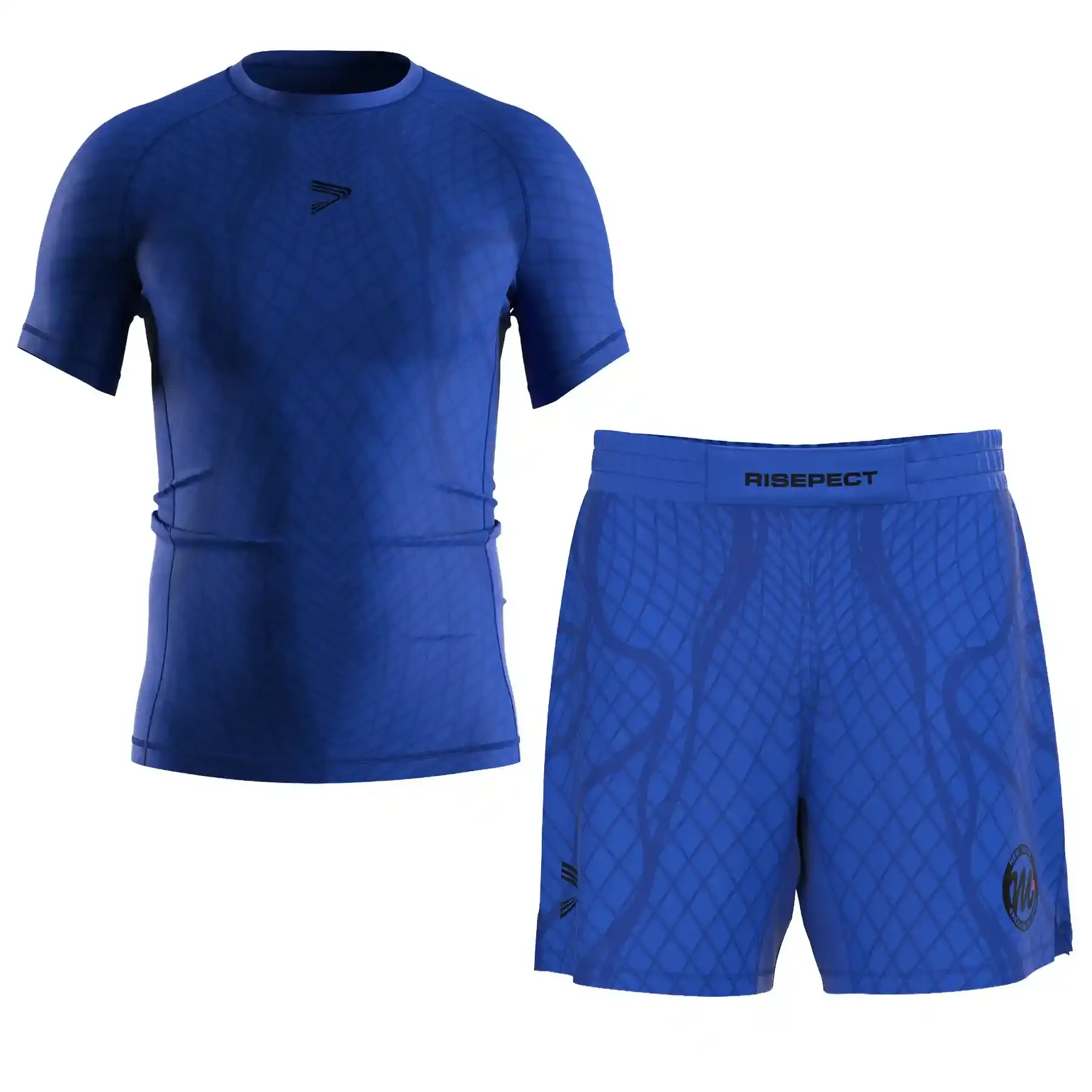 The Front View of Blue Belt Ranked No-Gi Set Rashguard & Fight Shorts for BJJ