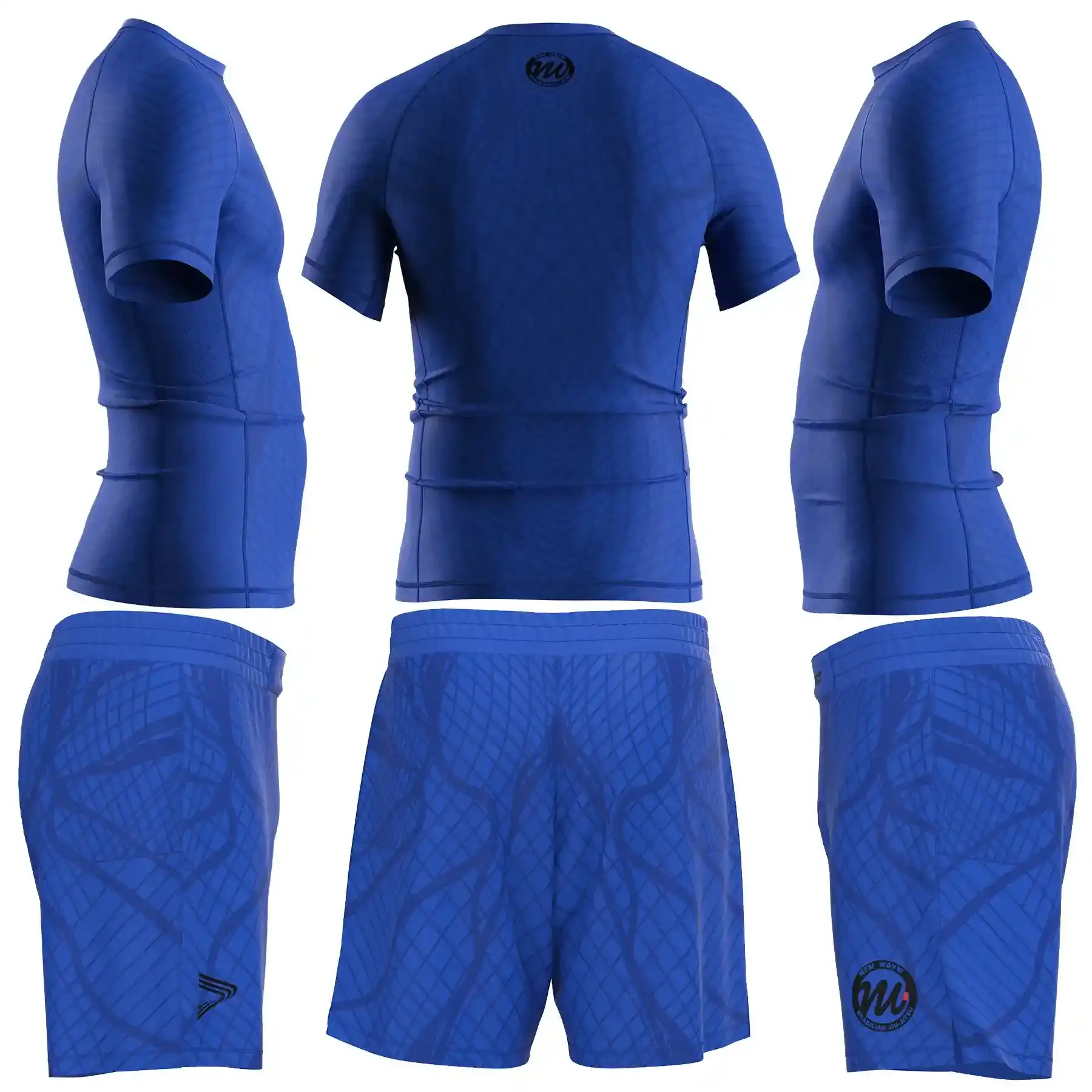 The Side & Back View of Blue Belt Ranked No-Gi Set Rashguard & Fight Shorts for BJJ