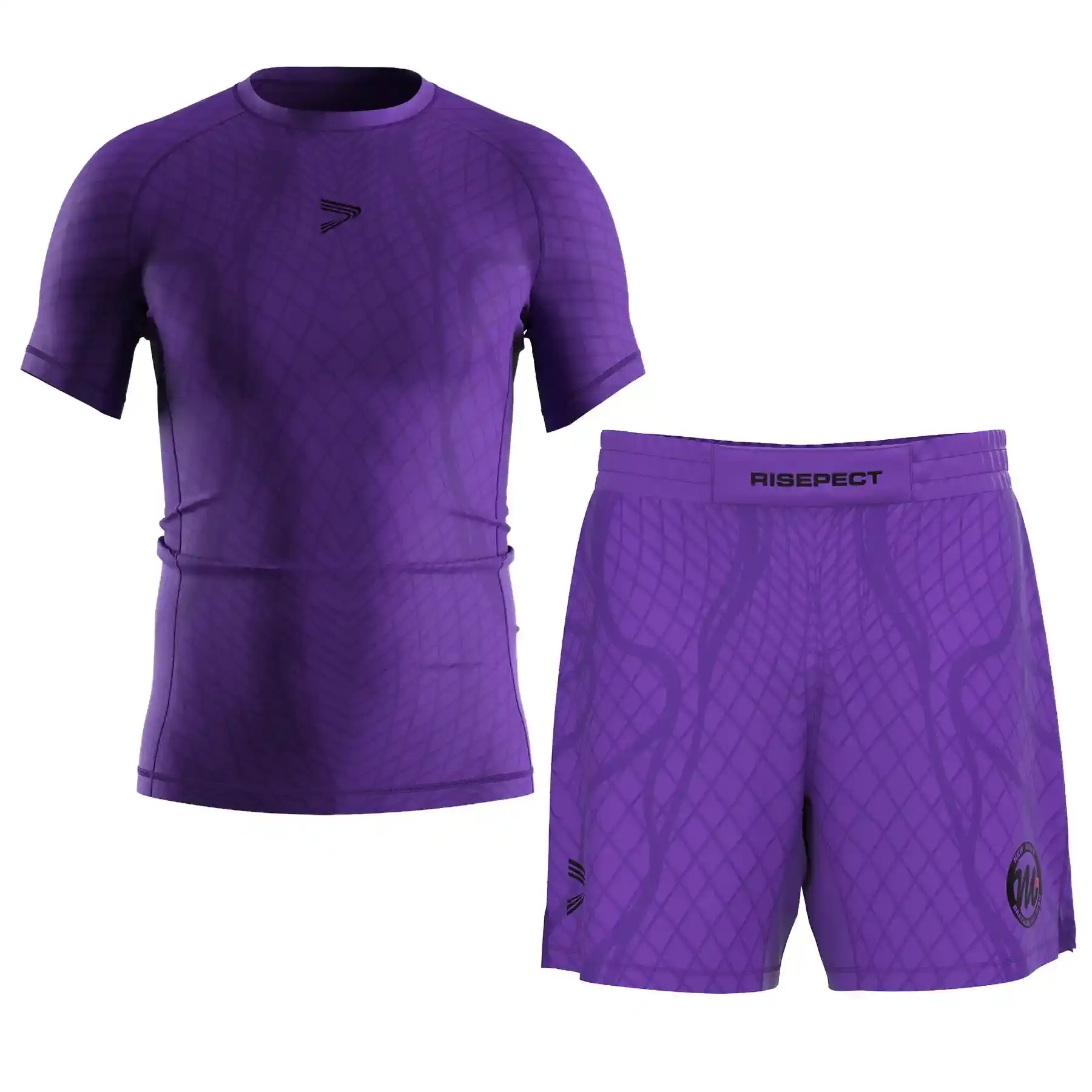 The Front View of Purple Belt Ranked No-Gi Set Rashguard & Fight Shorts for BJJ