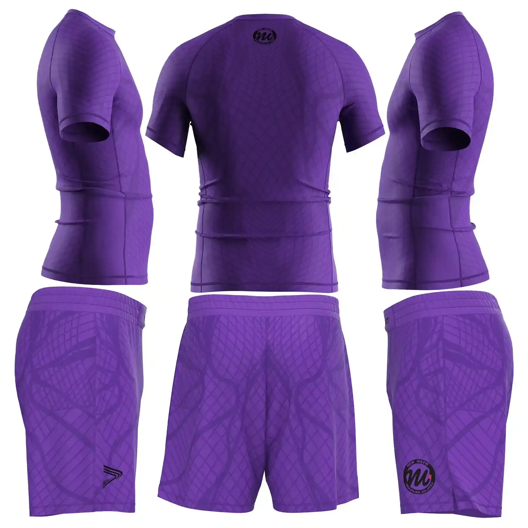 The Side & Back View of Purple Belt Ranked No-Gi Set Rashguard & Fight Shorts for BJJ