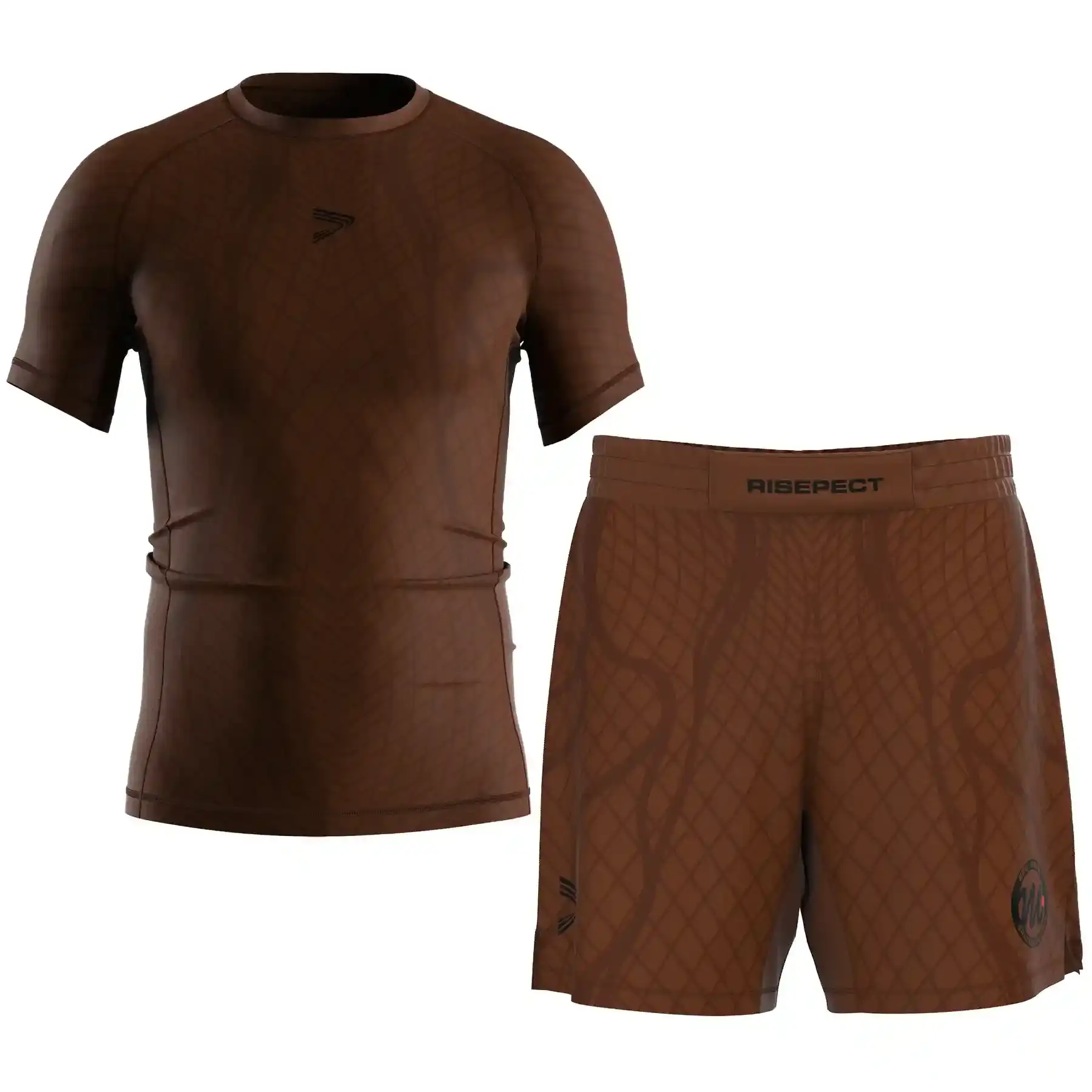 The Front View of Brown Belt Ranked No-Gi Set Rashguard & Fight Shorts for BJJ