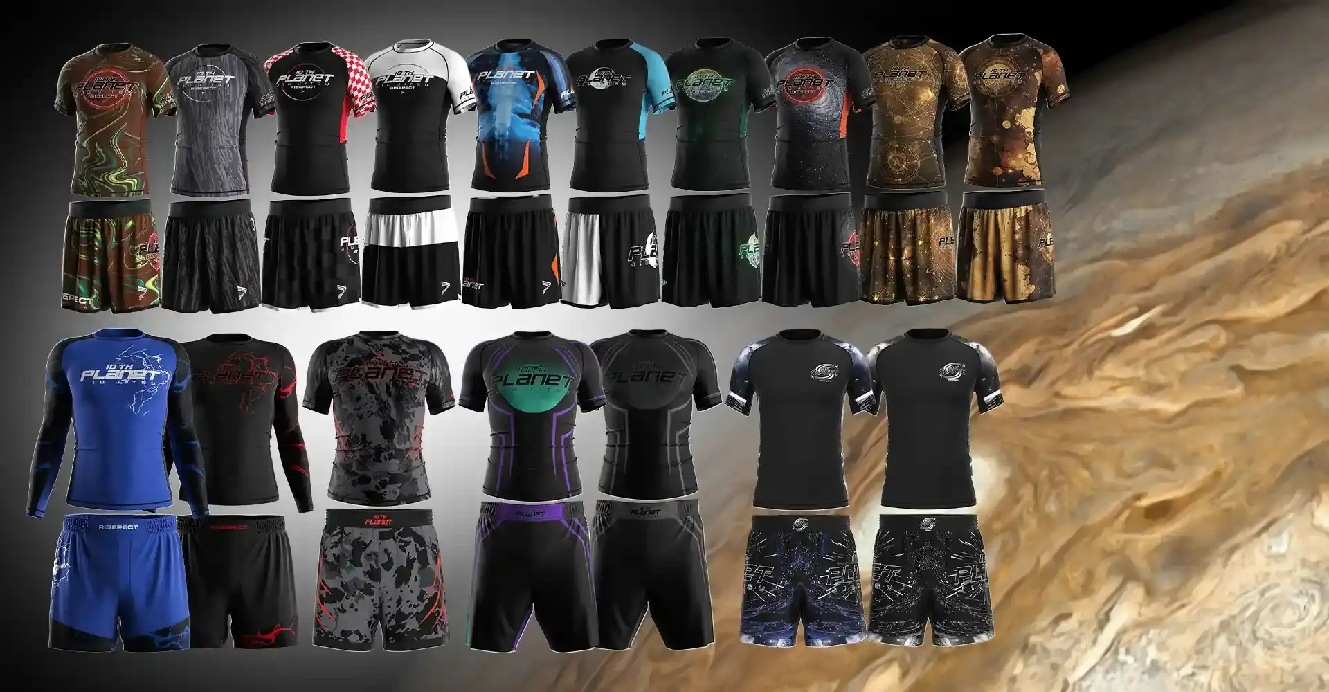 The Banner of 17 Designs 10th Planet Jiu-Jitsu Custom Rash Guard and Fight Shorts Collection by Rise Sportswear