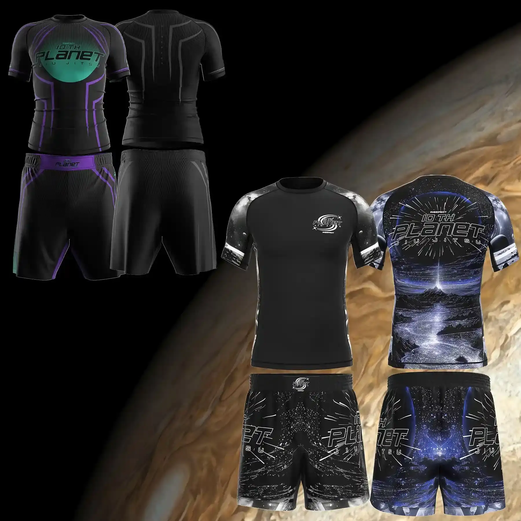 Premium Compression Rash Guards for No-Gi Training 4 design 10th planet jiu-jitsu rashguard and fight shorts including purple, black gray, galaxy white and galaxy blue. Compression rash guards for 10th Planet No-Gi Jiu-Jitsu