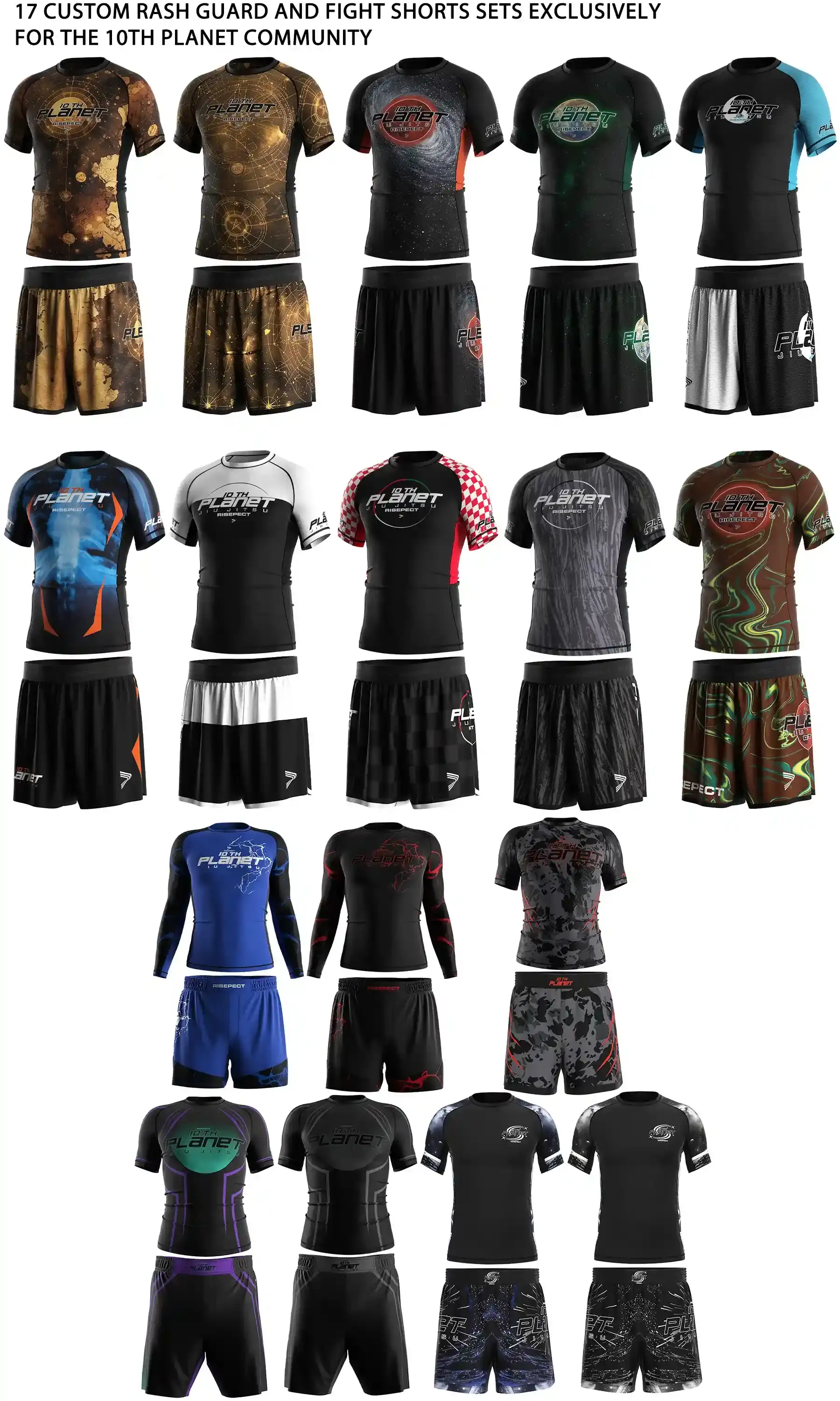 17 Designs Complete 10th Planet Custom Apparel Collection Every custom rash guard and fight shorts set was manufactured by Rise Sportswear to showcase how professional custom sportswear can strengthen academy branding while delivering elite-level athletic performance.