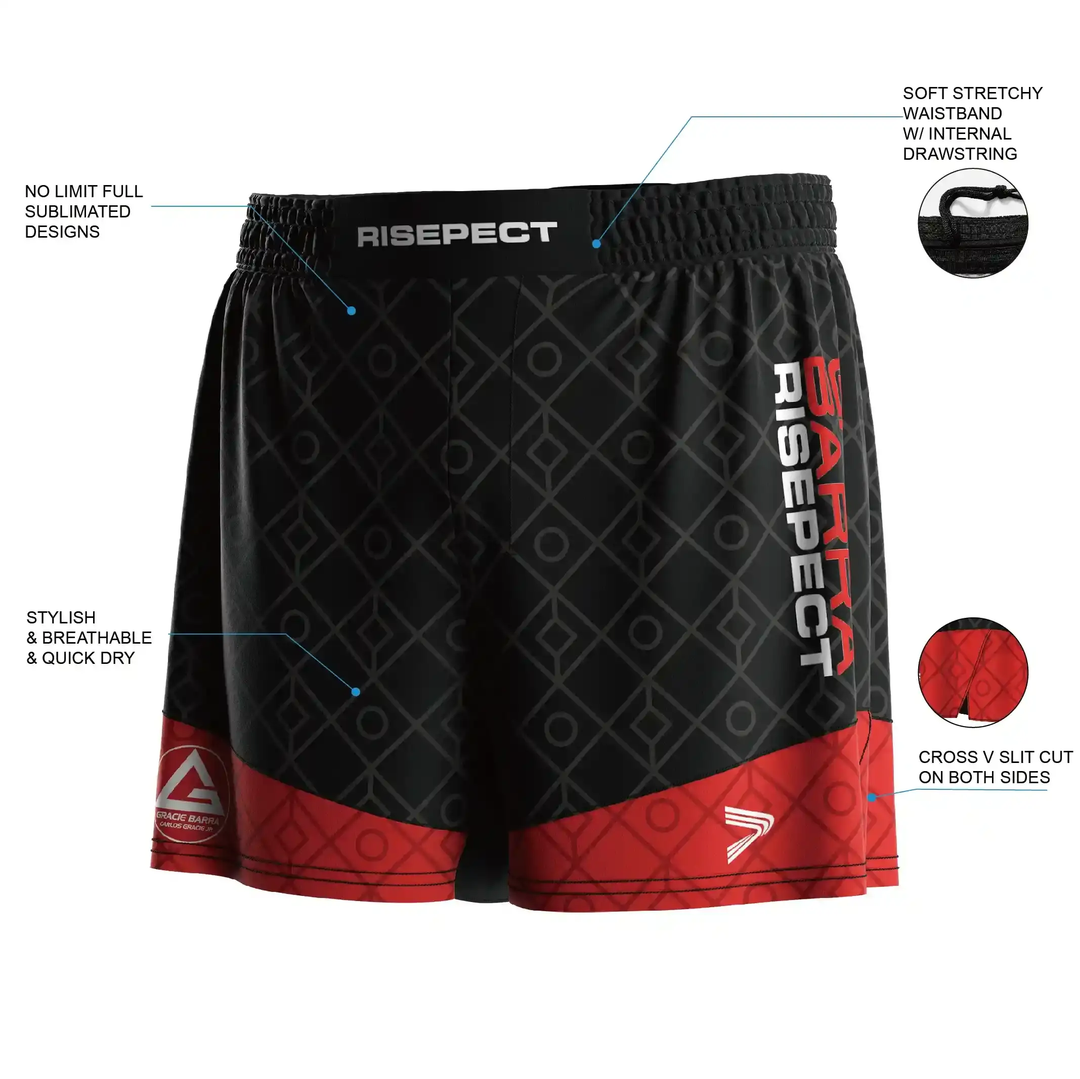 The men's fight shorts features no limit full sublimated designs; soft stretchy waistband with internal drawstring; stylish, breathable and quick dry; and cross V slit cut on both sides.
