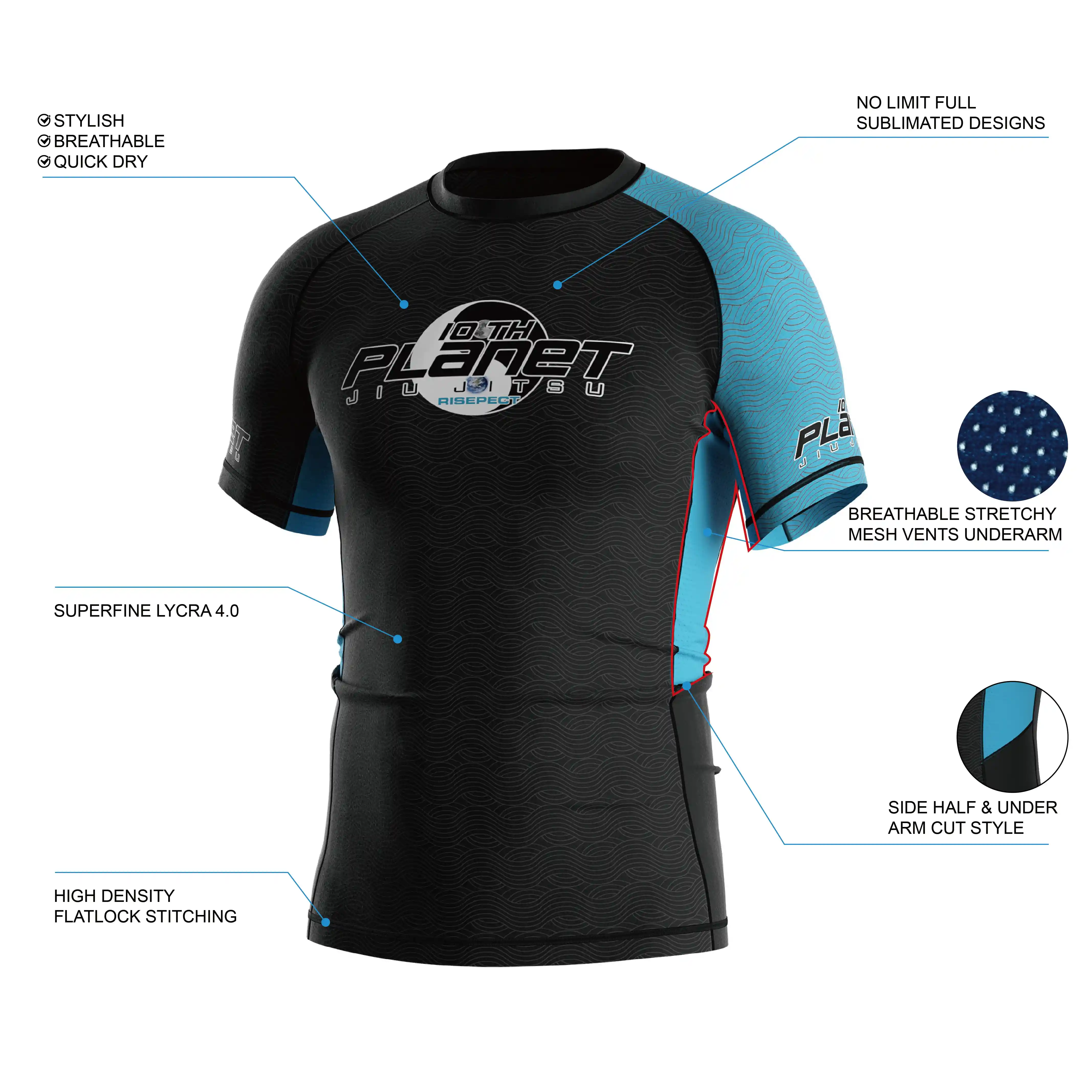 The men's short sleeve rash guard features side half and underarm cut style; breathable stretchy mesh vents underarm; stylish, breathable, and quick dry; superfine lycra 4.0; high density flatlock stitching; and no limit full sublimated designs.