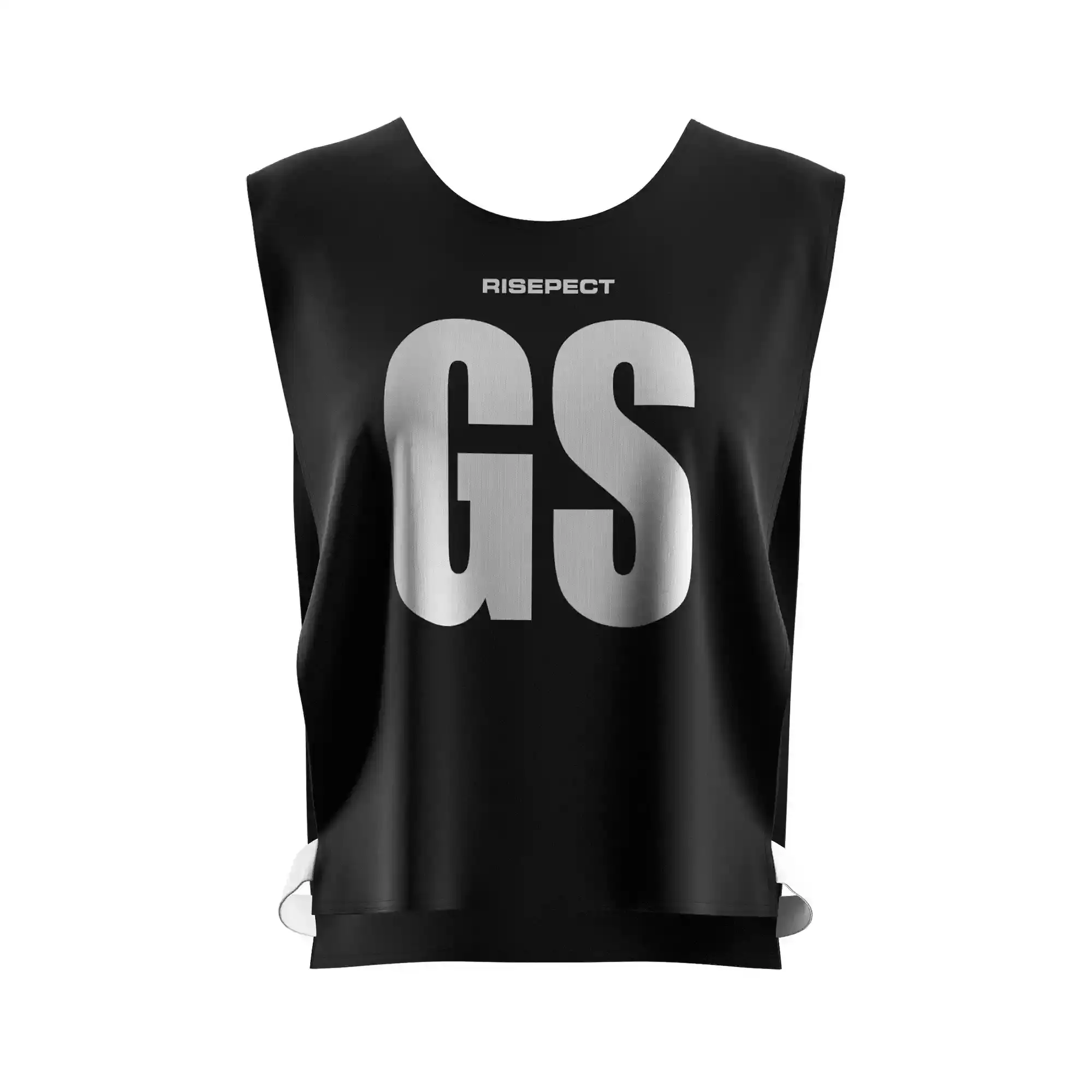 The front view of black classic paddle scrimmage vest custom sublimated kayak team number with the letters GS