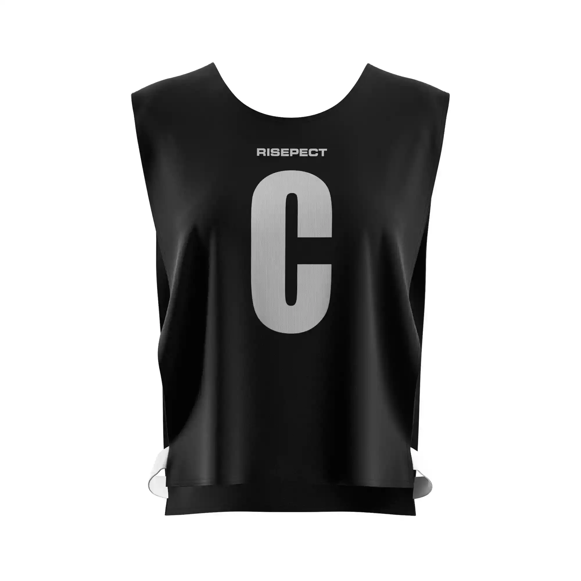 The front view of black classic paddle scrimmage vest custom sublimated kayak team number with the letter C