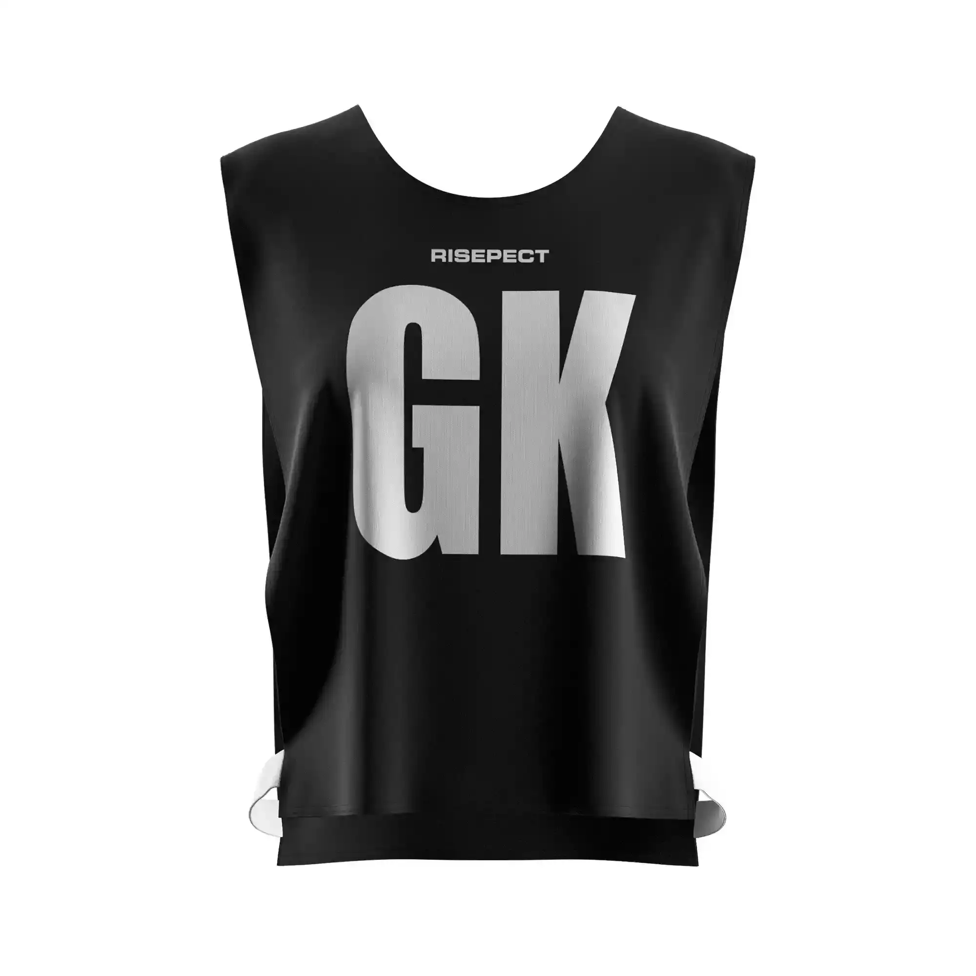 The front view of black classic paddle scrimmage vest custom sublimated kayak team number with the letters GK