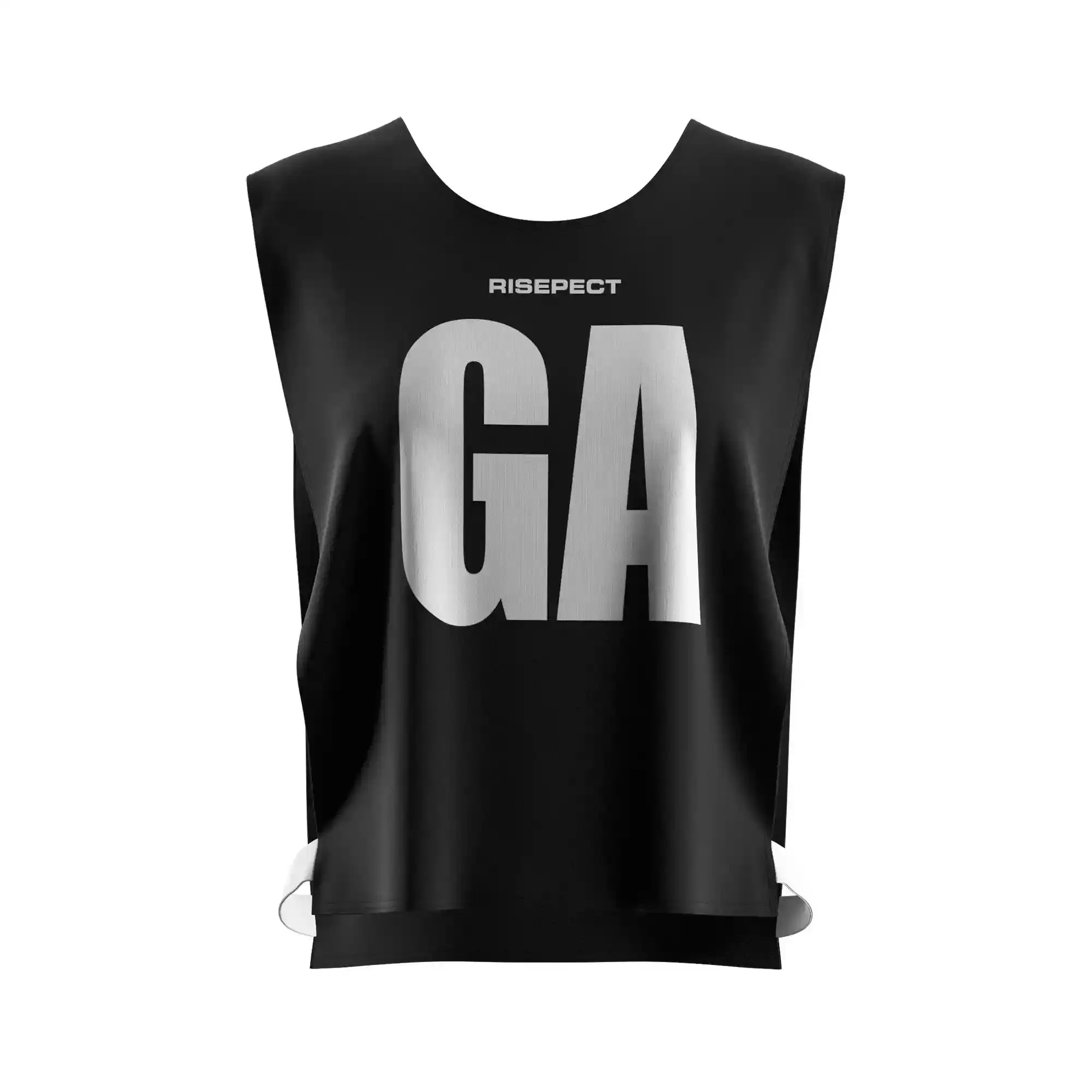 The front view of black classic paddle scrimmage vest custom sublimated kayak team number with the letters GA