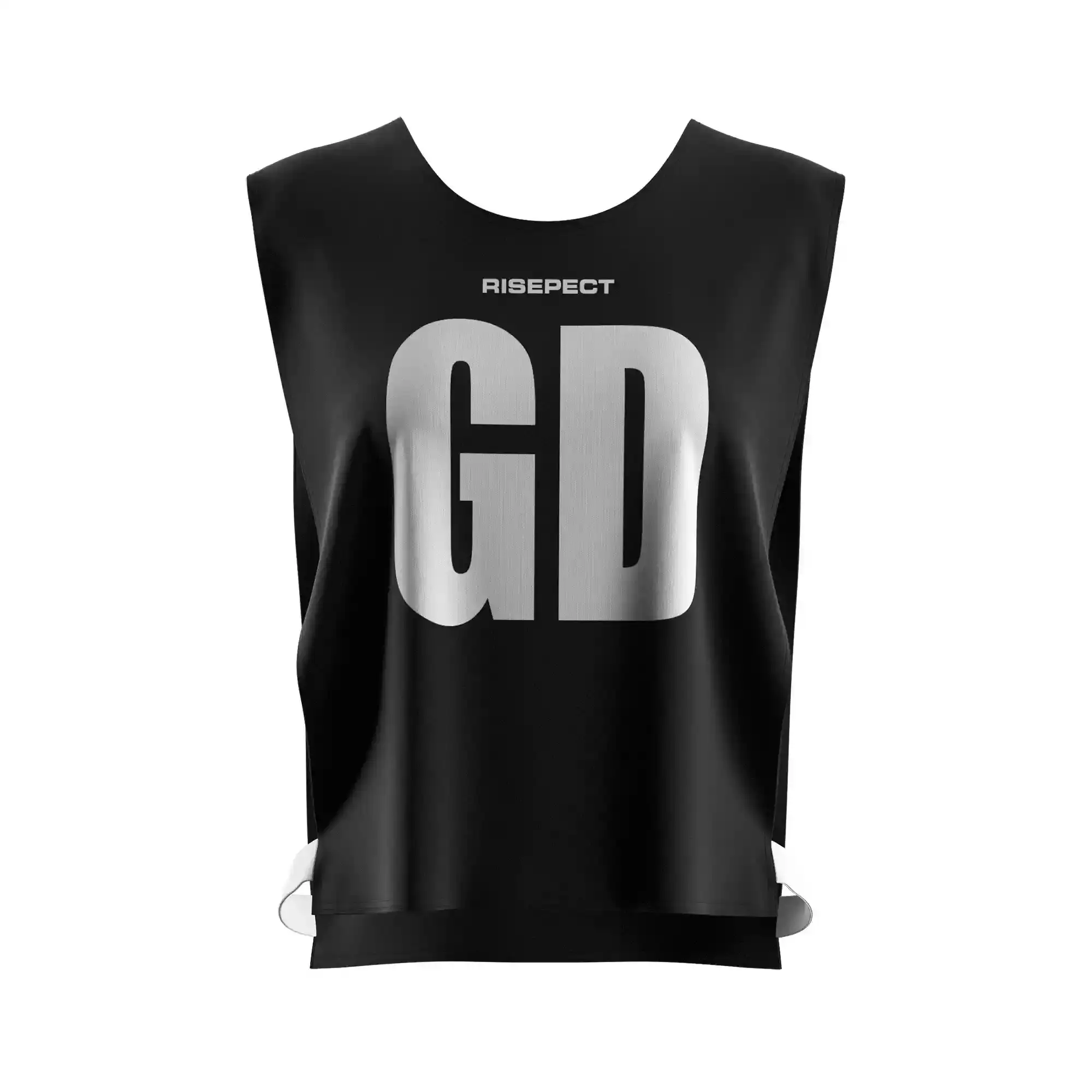 The front view of black classic paddle scrimmage vest custom sublimated kayak team number with the letters GD