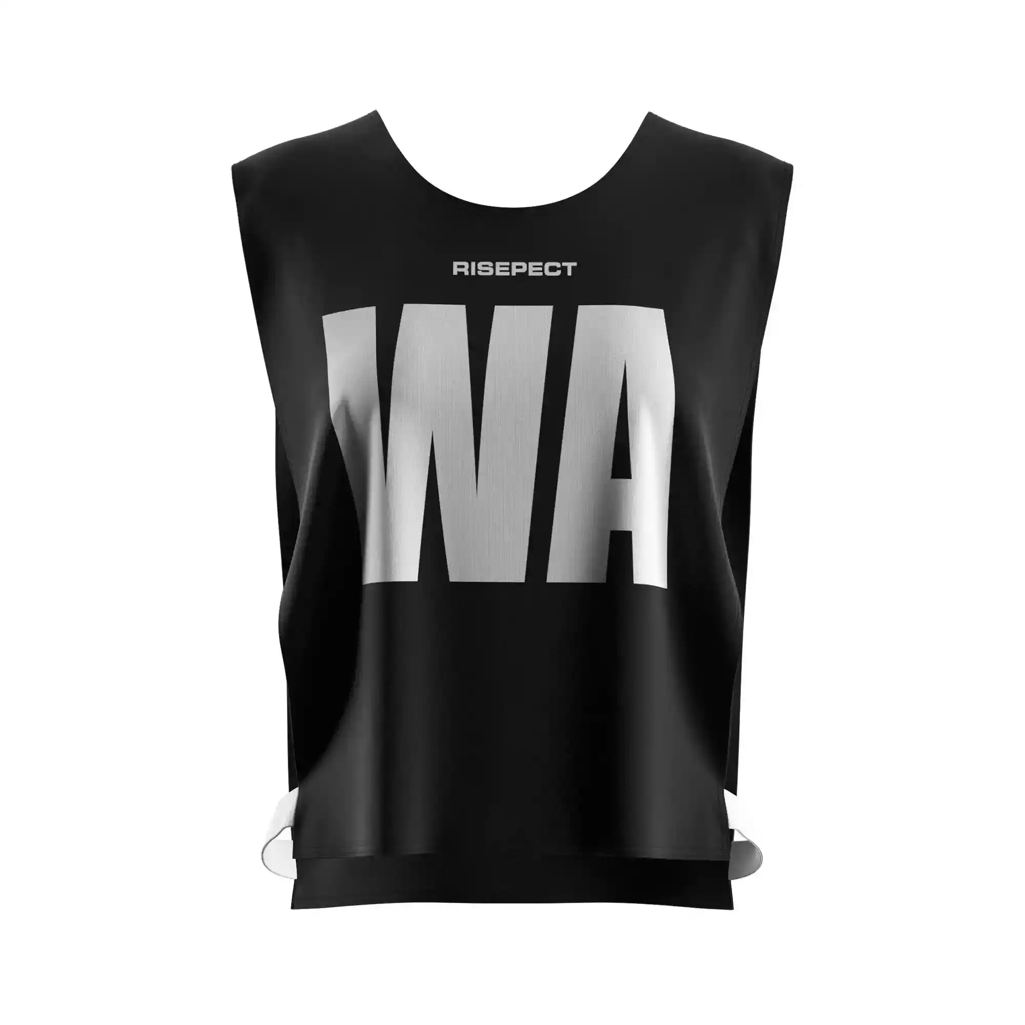 The front view of black classic paddle scrimmage vest custom sublimated kayak team number with the letters WA