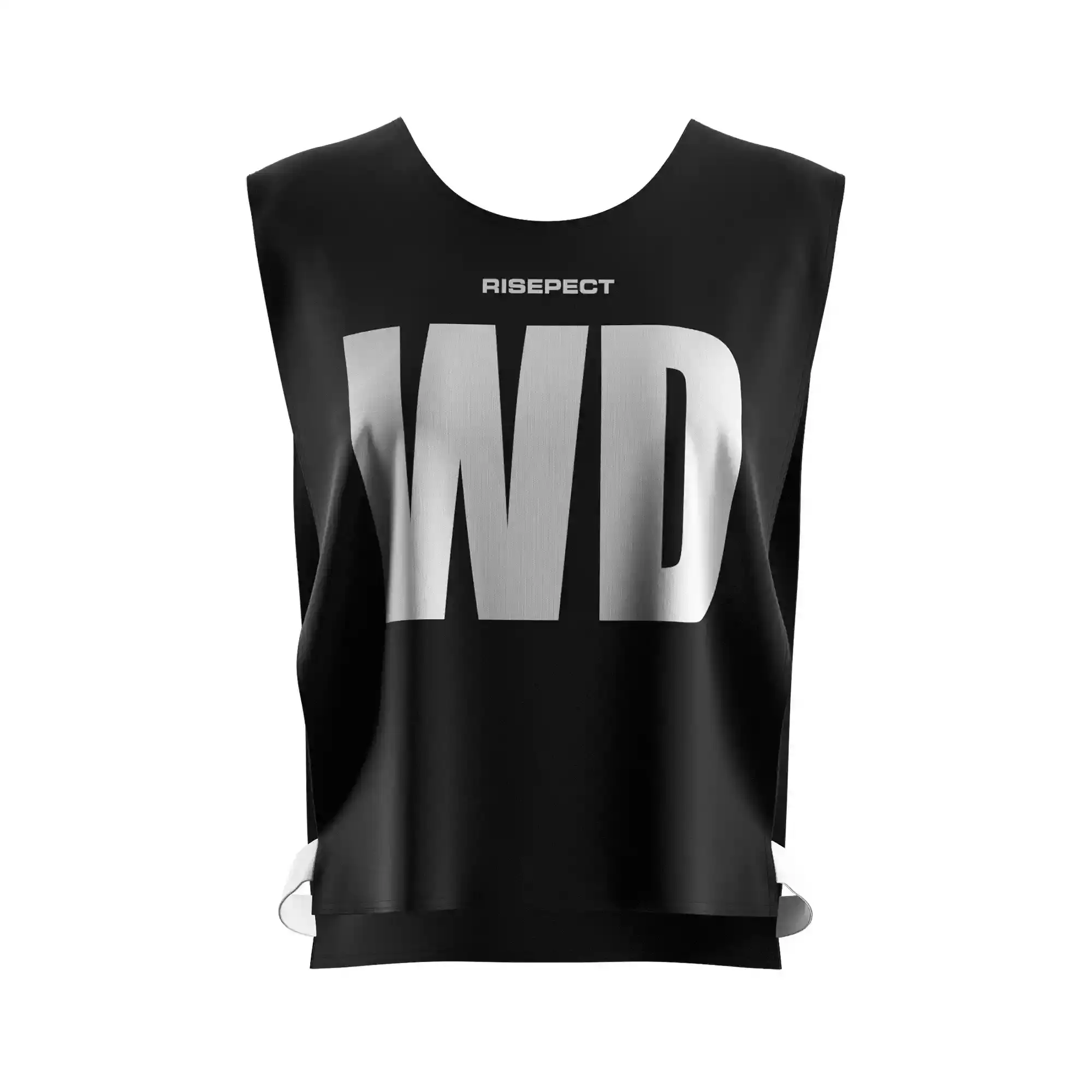 The front view of black classic paddle scrimmage vest custom sublimated kayak team number with the letters WD