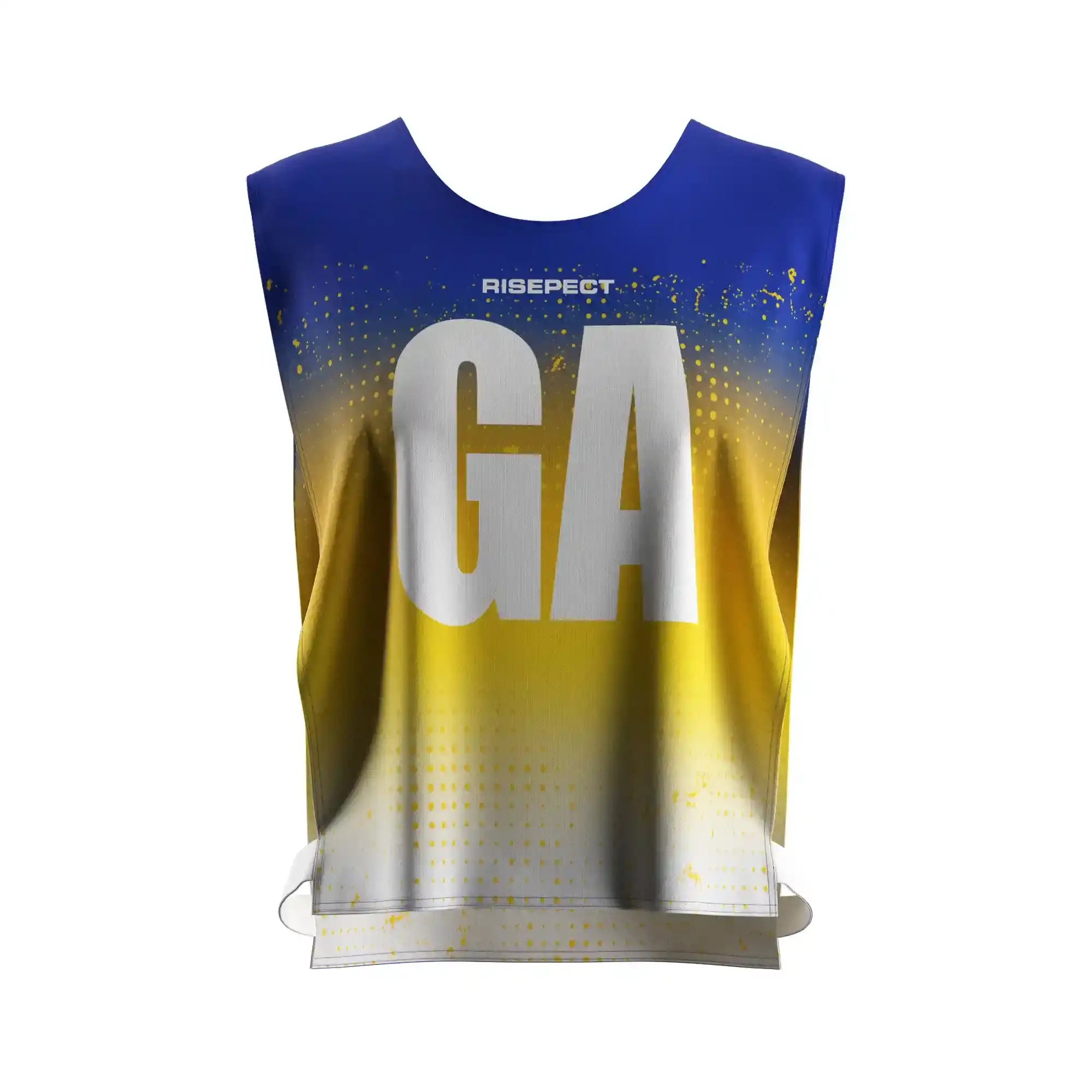 The Front View of Blue Gold Gradient Rowing Training Vest Women's Mesh Canoe Pinnie with The Letters GA