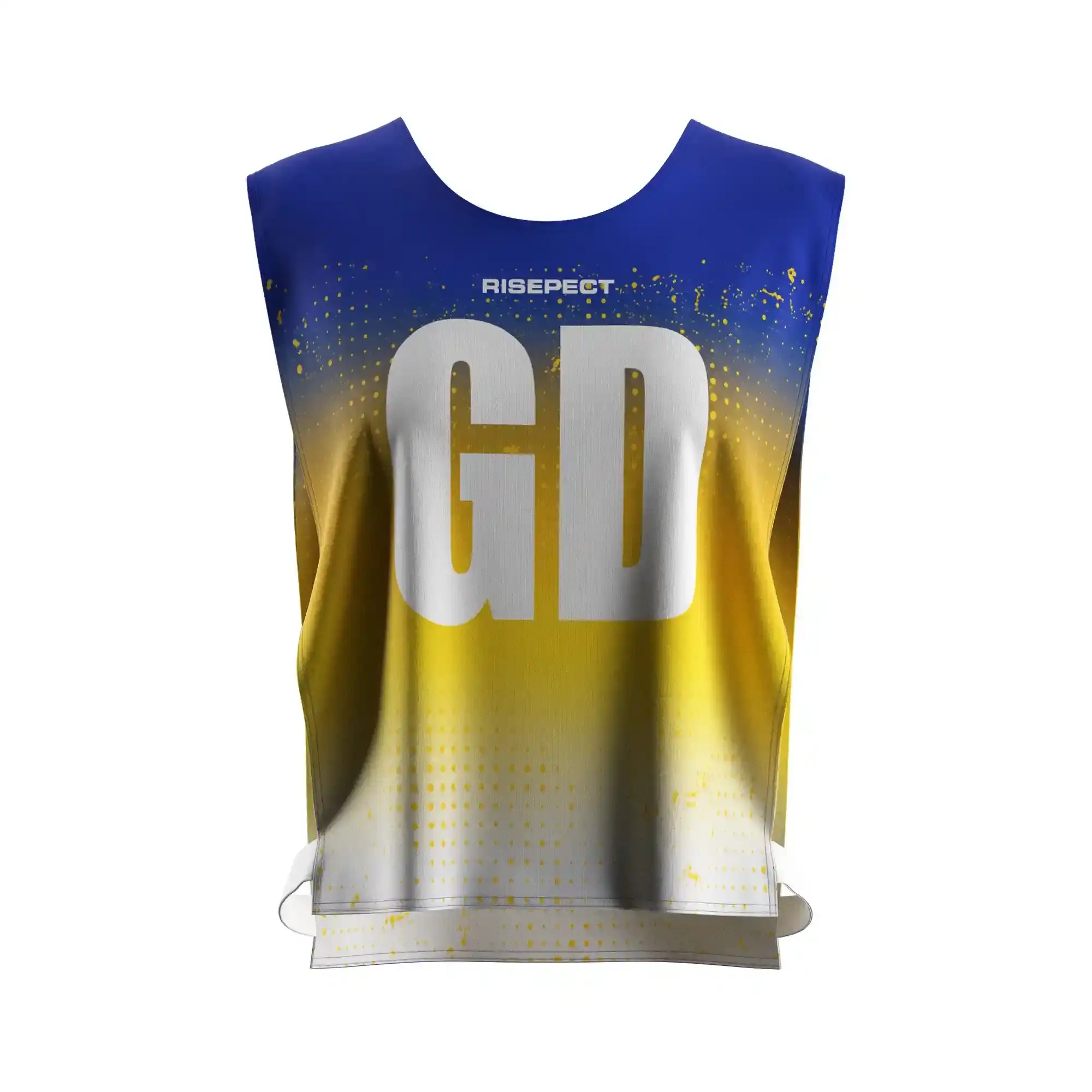 The Front View of Blue Gold Gradient Rowing Training Vest Women's Mesh Canoe Pinnie with The Letters GD