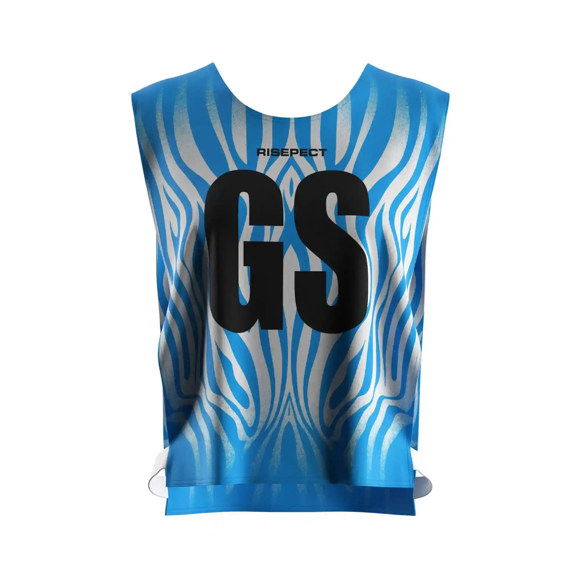 The Front View of Flowing Blue Polyester Women's Scrimmage Vest Mesh for Kayak Team With The Letters GS
