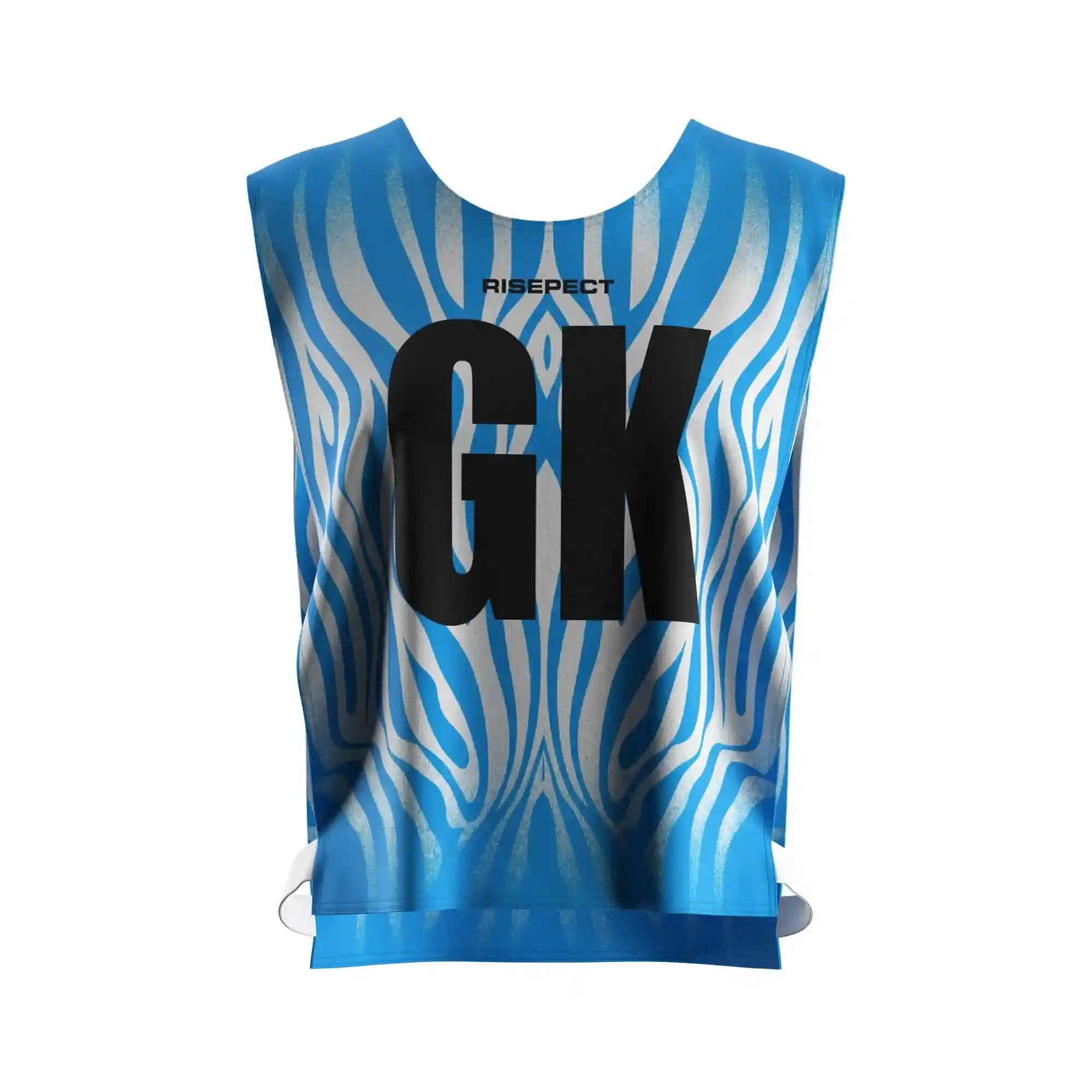 The Front View of Flowing Blue Polyester Women's Scrimmage Vest Mesh for Kayak Team With The Letters GK