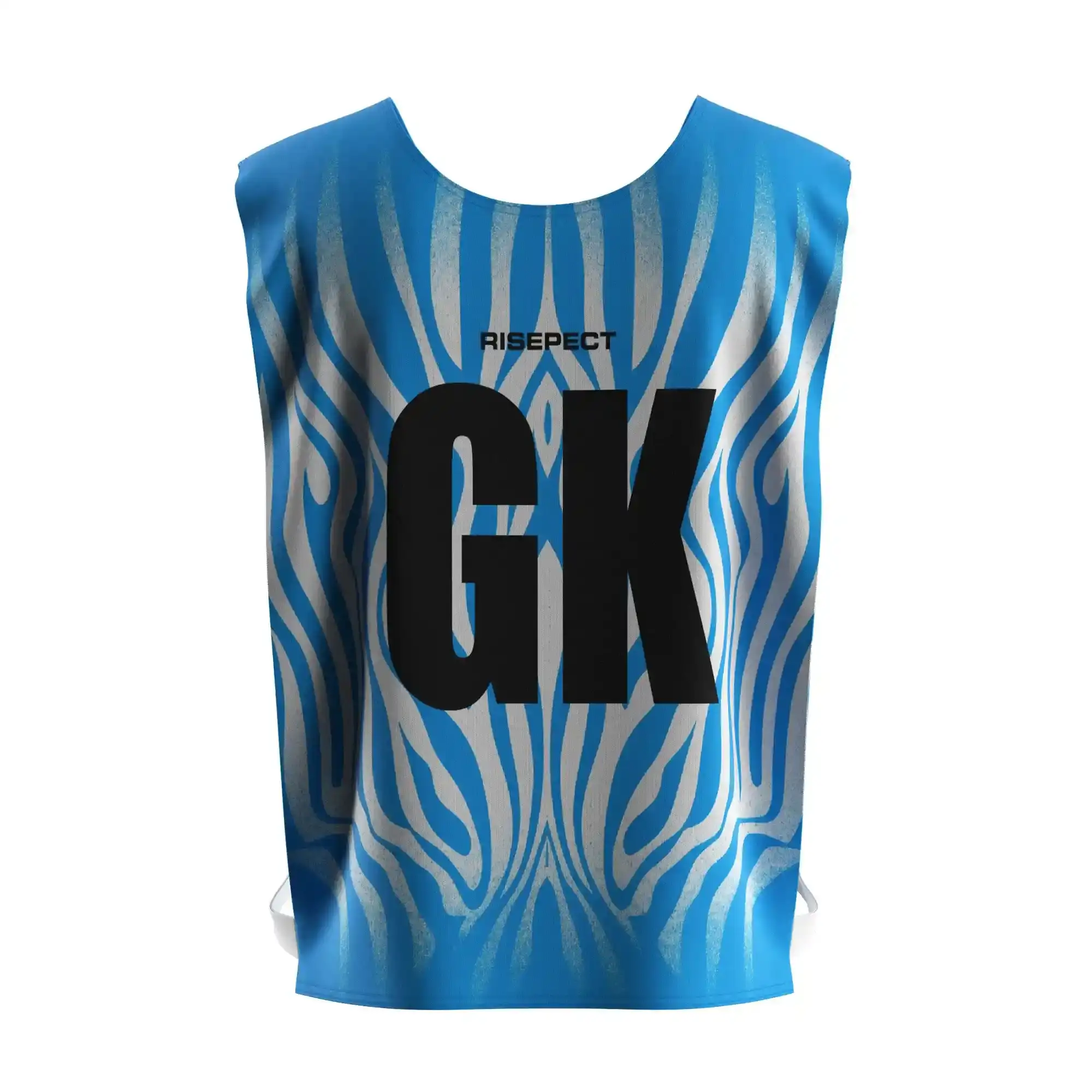 The Back View of Flowing Blue Polyester Women's Scrimmage Vest Mesh for Kayak Team with The Letters GK