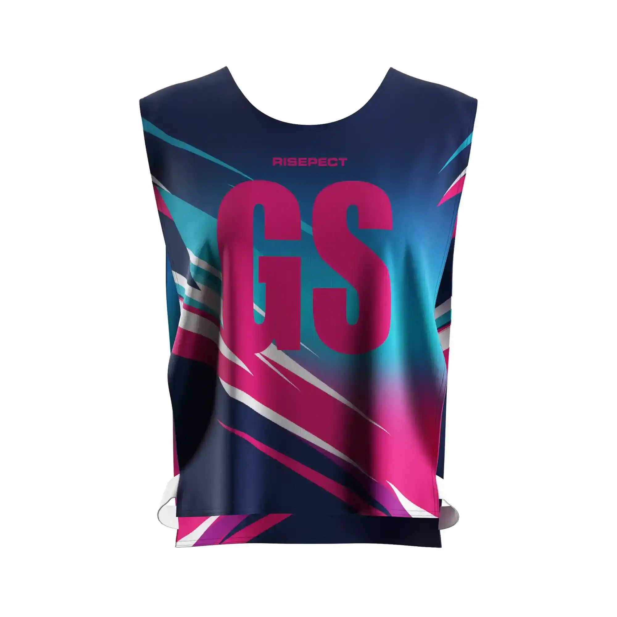The Front View of Navy-Pink Rowing Practice Pinnie with Elastic Straps with The Letters GS