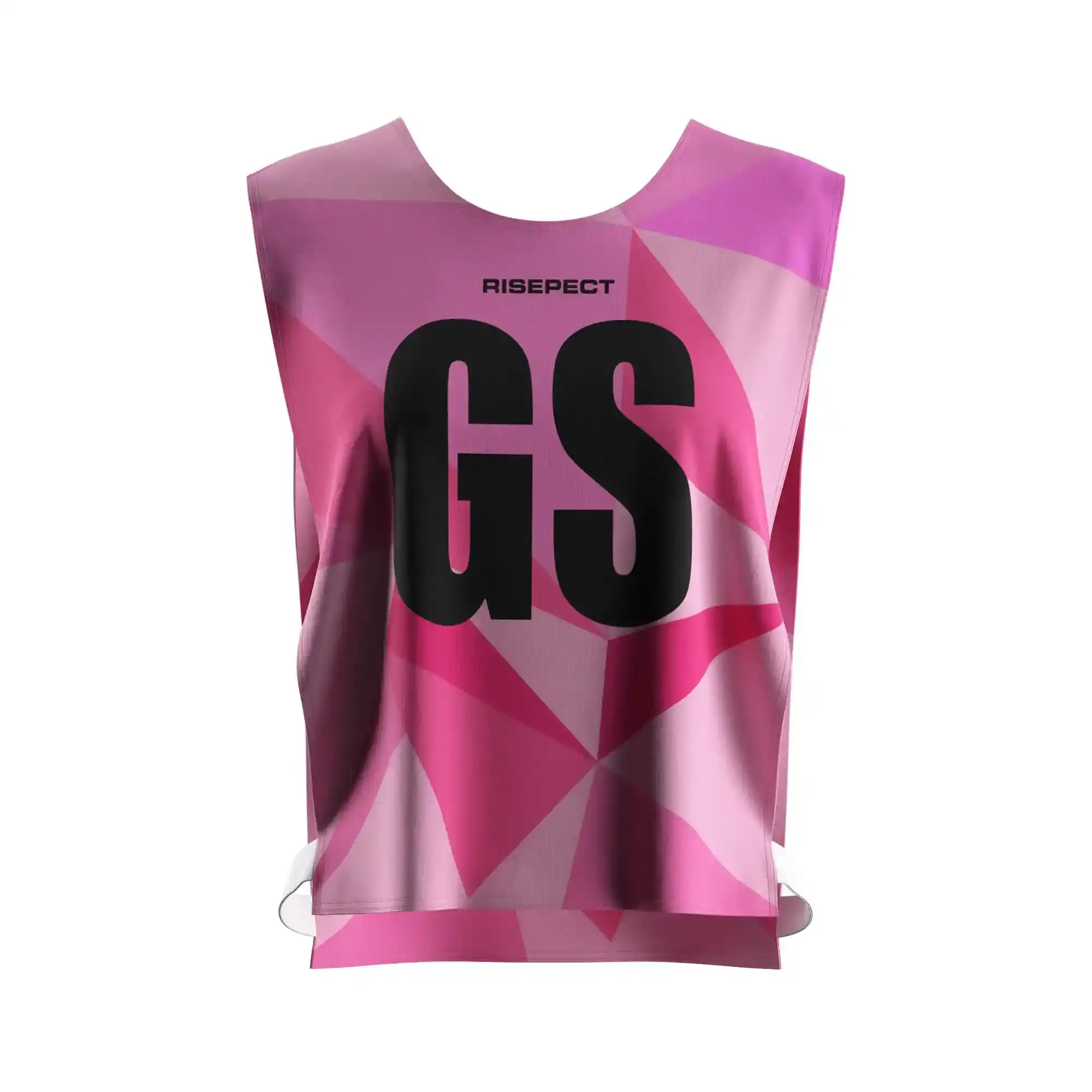 The Front View of Pink Geometric Open-Side Training Pinnies Wholesale for Rowing Team with The Letters GS