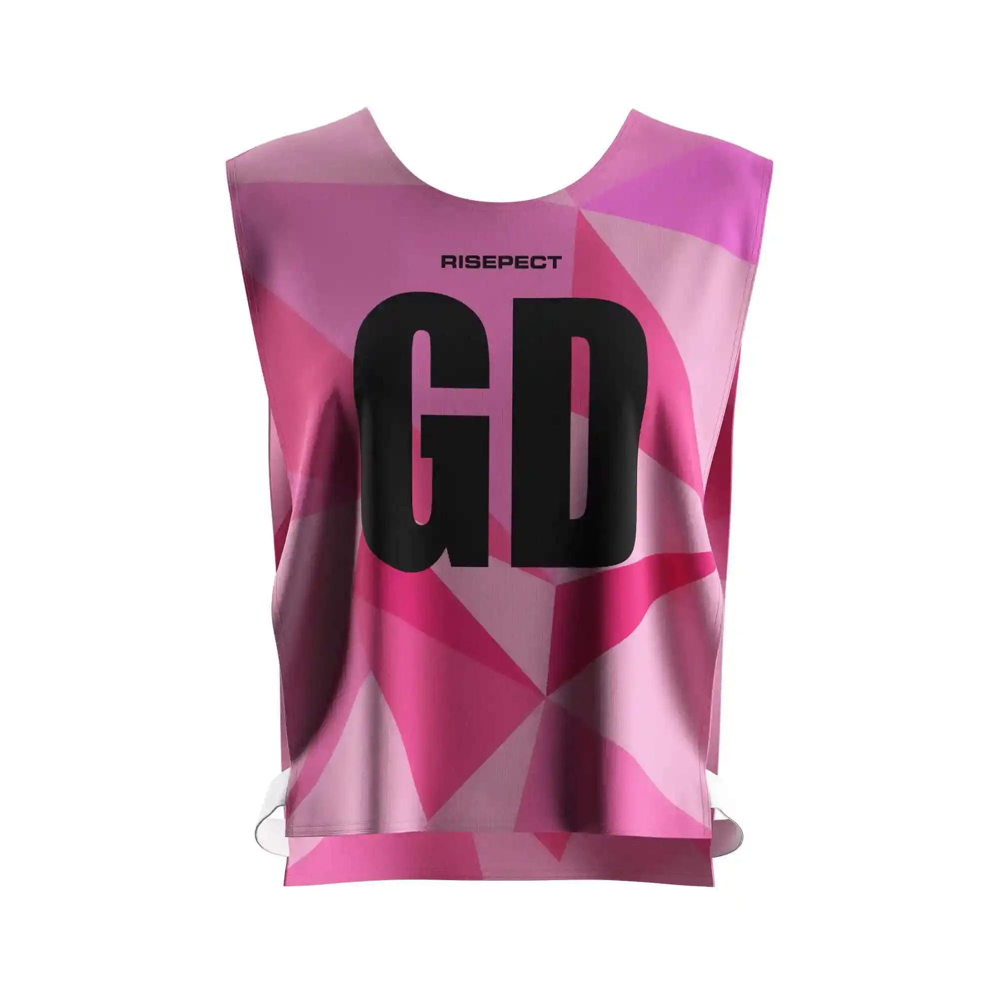 The Front View of Pink Geometric Open-Side Training Pinnies Wholesale for Rowing Team with The Letters GD