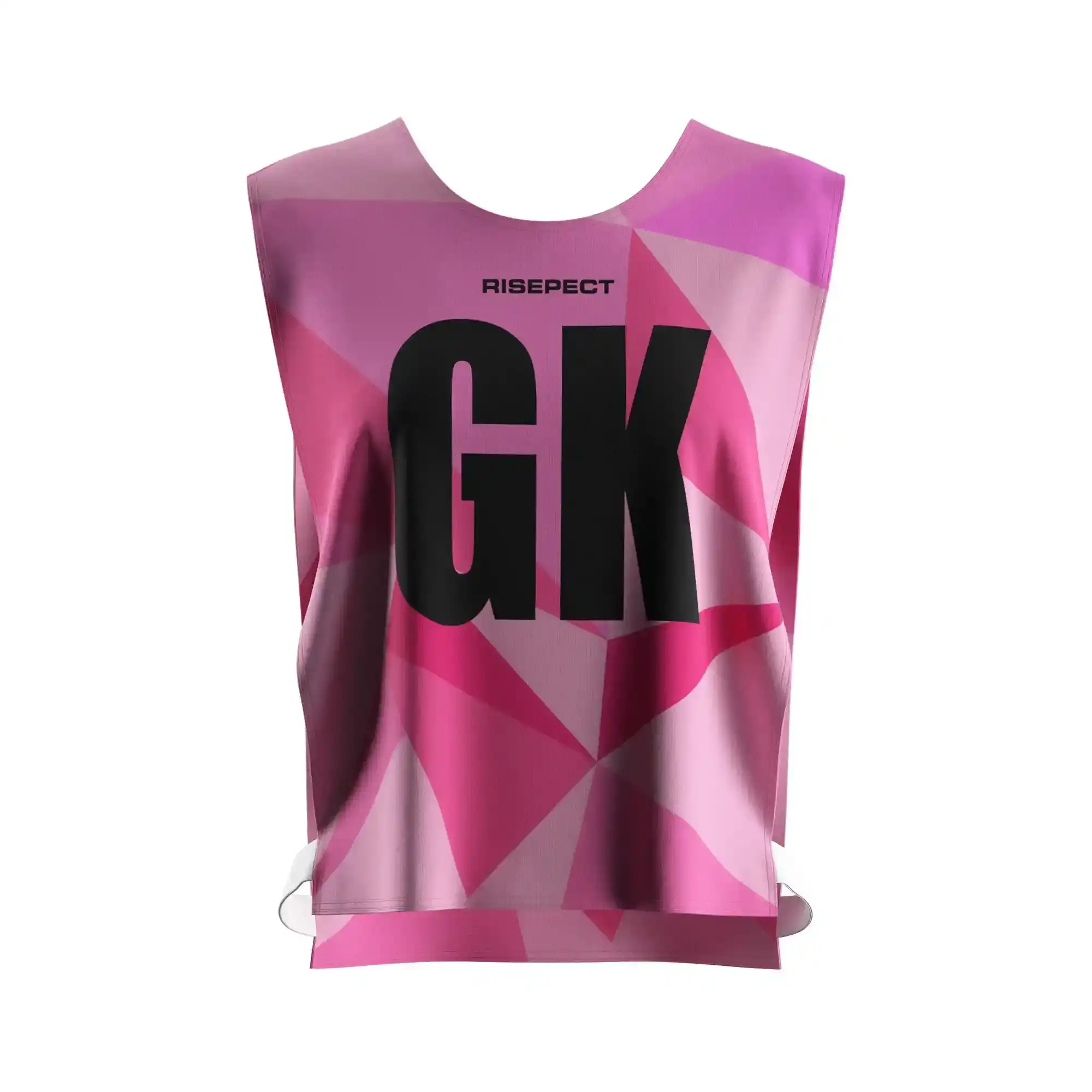 The Front View of Pink Geometric Open-Side Training Pinnies Wholesale for Rowing Team with The Letters GK