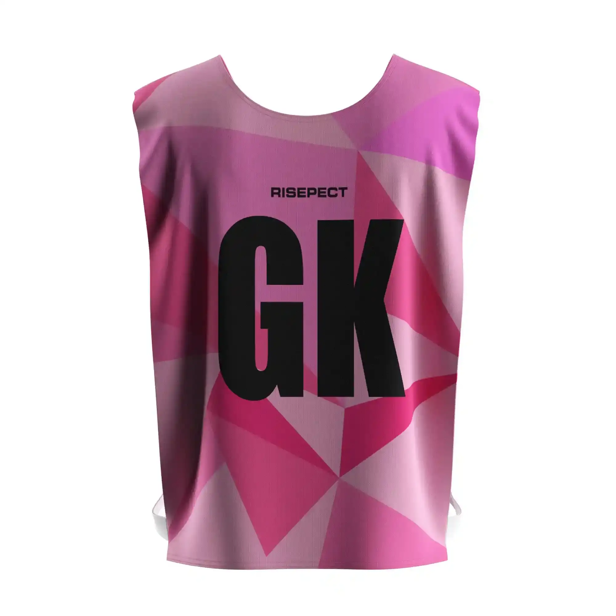 The Back View of Pink Geometric Open-Side Training Pinnies Wholesale for Rowing Team with The Letters GK