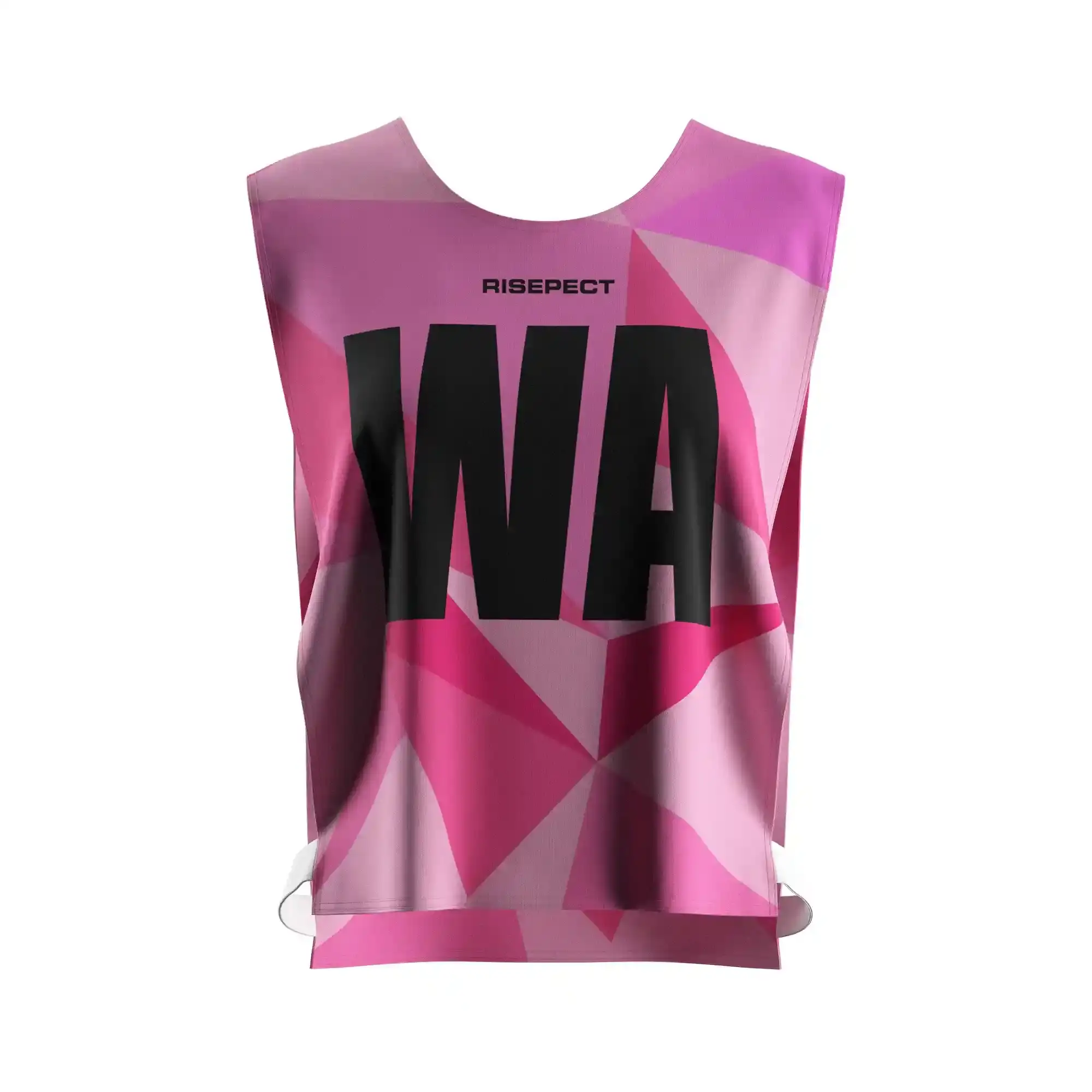 The Front View of Pink Geometric Open-Side Training Pinnies Wholesale for Rowing Team with The Letters WA