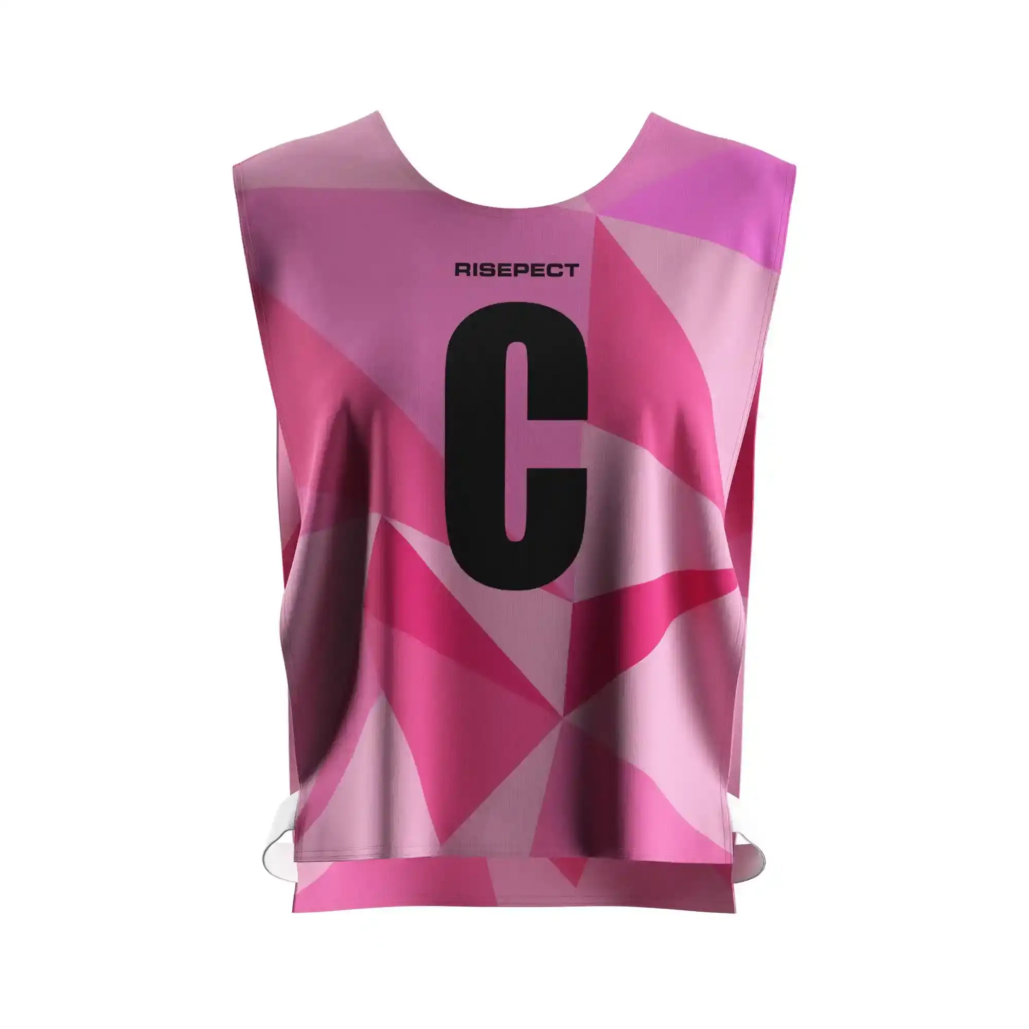 The Front View of Pink Geometric Open-Side Training Pinnies Wholesale for Rowing Team with The Letters C
