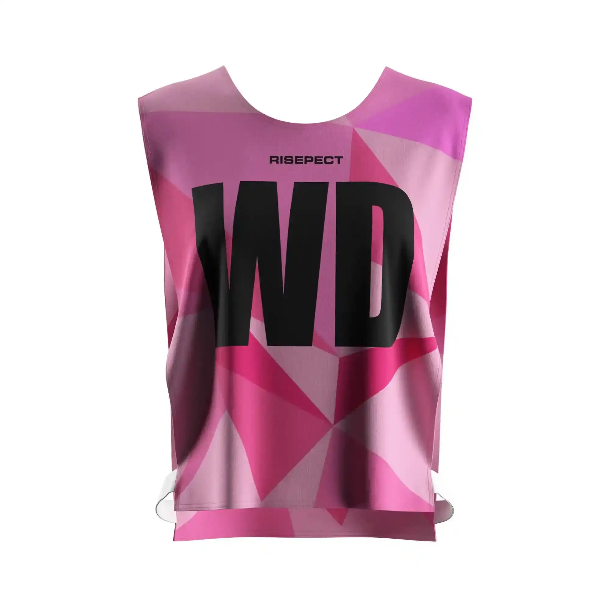 The Front View of Pink Geometric Open-Side Training Pinnies Wholesale for Rowing Team with The Letters WD