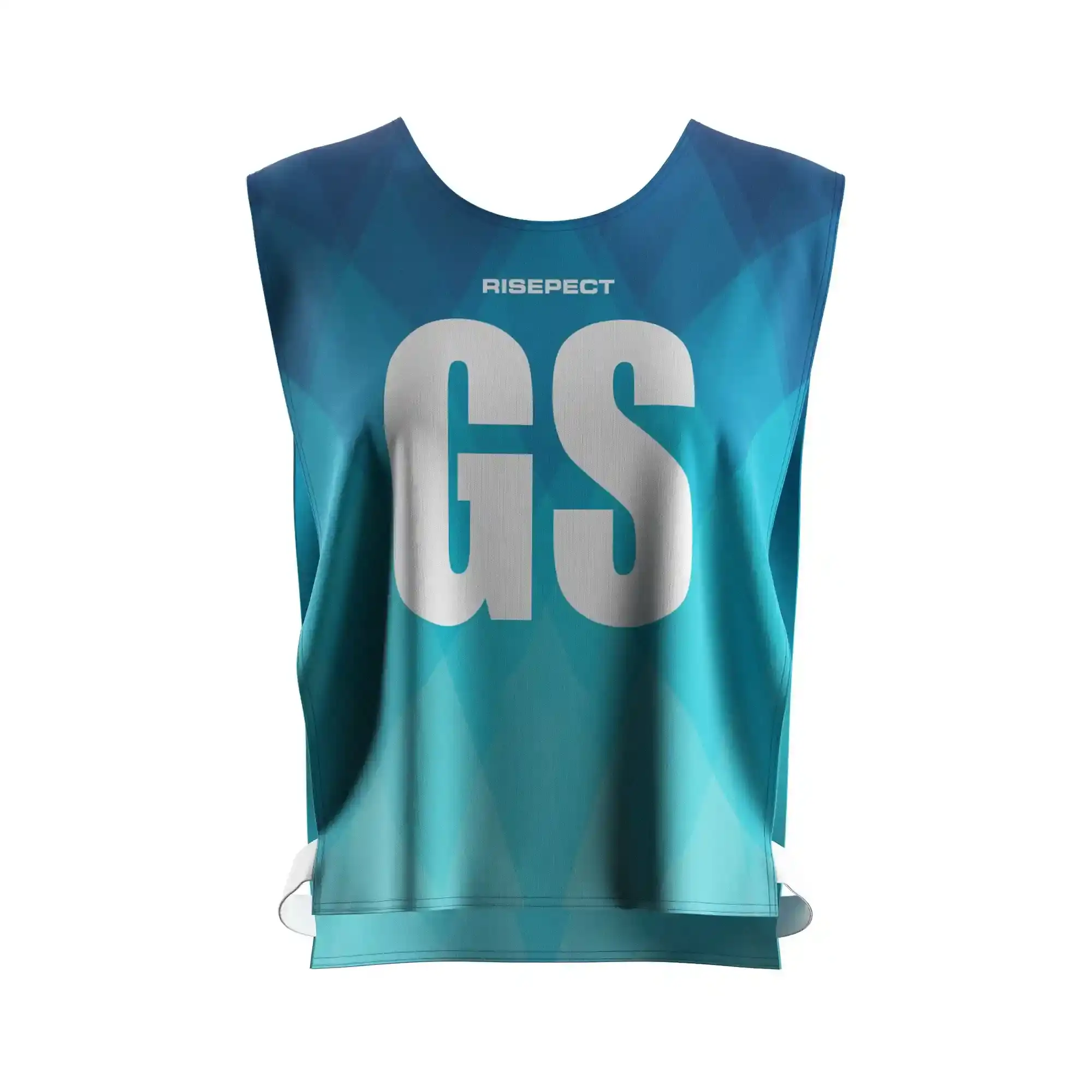 The Front View of teal modern wave female scrimmage vest rowing team training gear with the letters GS