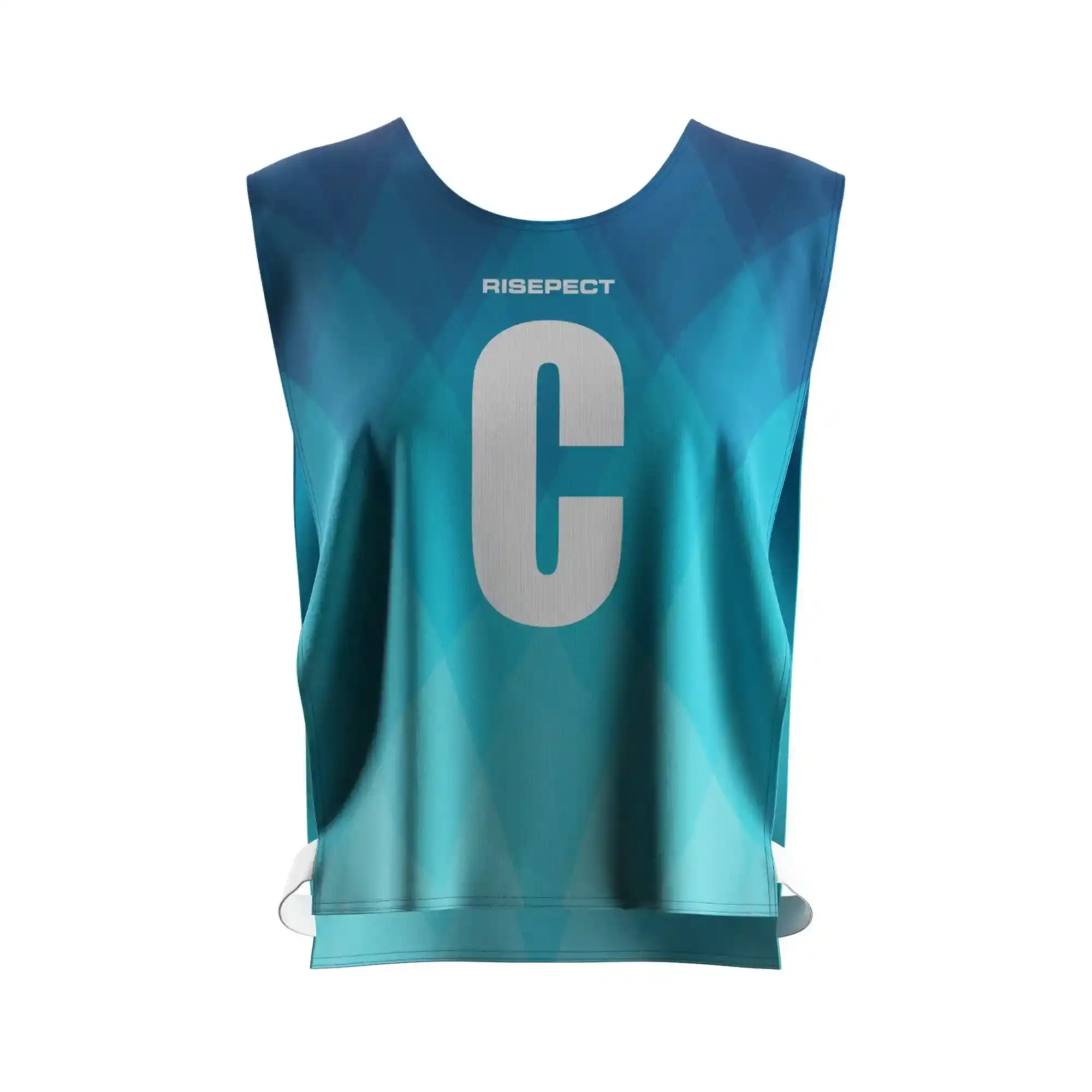 The front view of teal modern wave female scrimmage vest rowing team training gear with the letter C