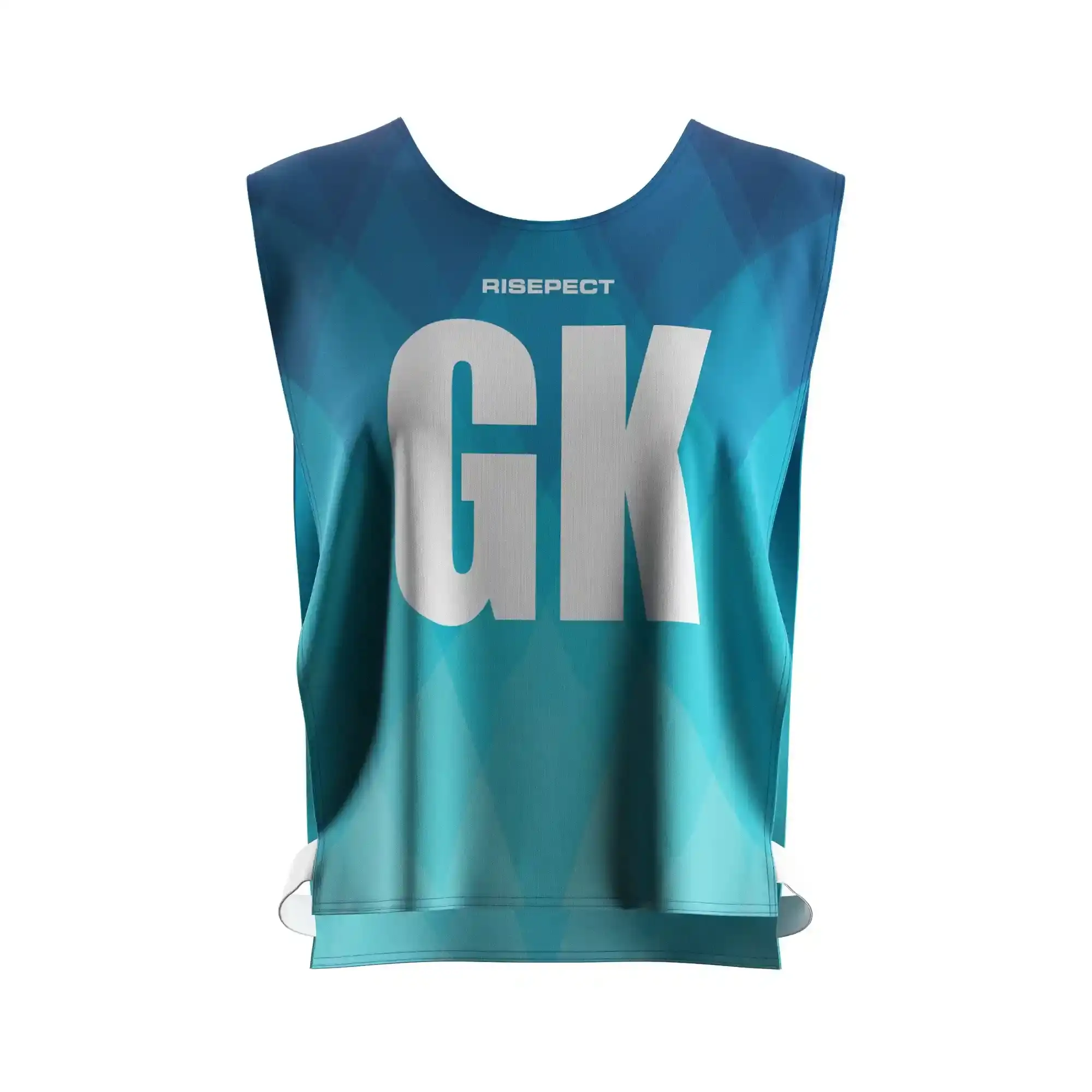 The front view of teal modern wave female scrimmage vest rowing team training gear with the letter GK