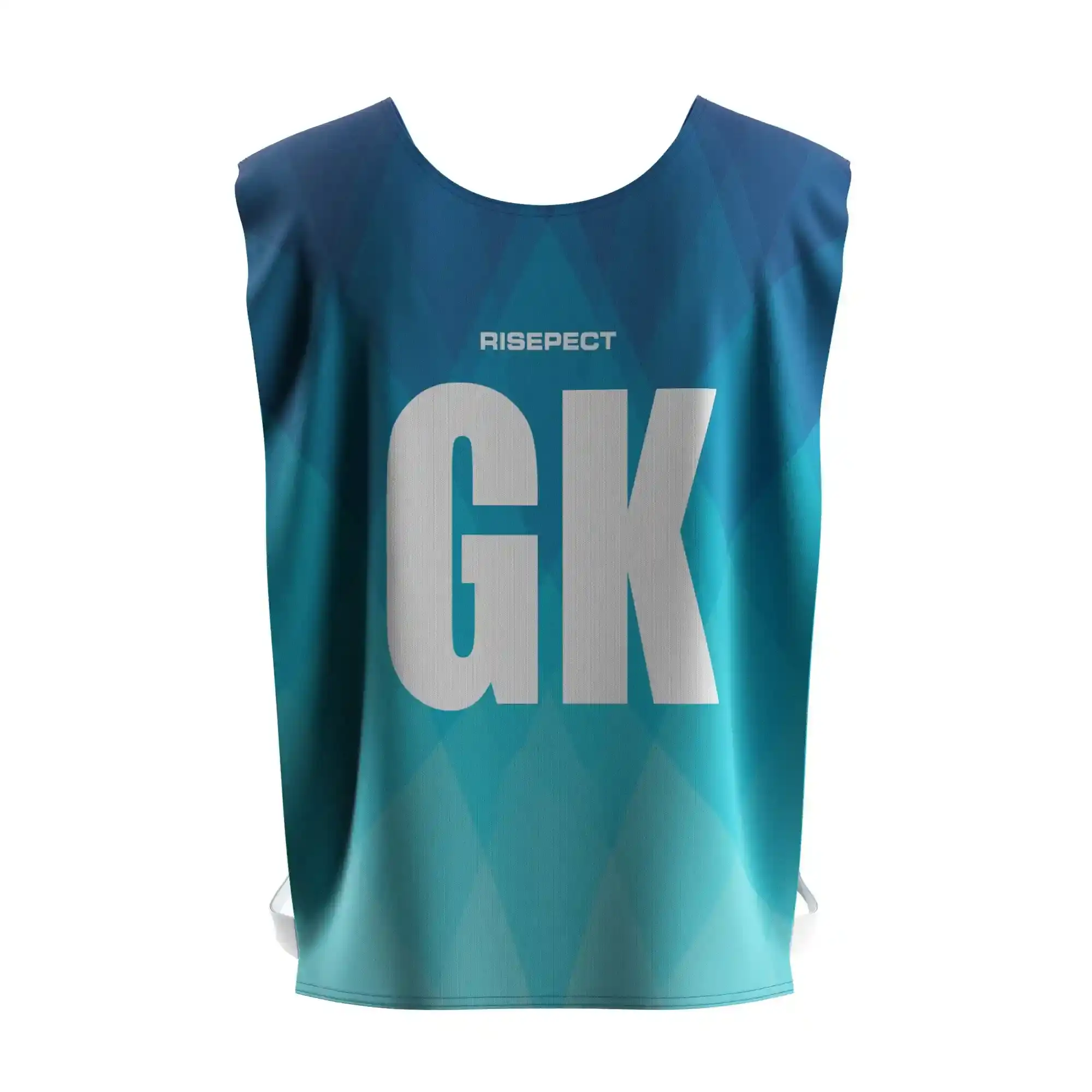 The back view of teal modern wave female scrimmage vest rowing team training gear with the letters GK