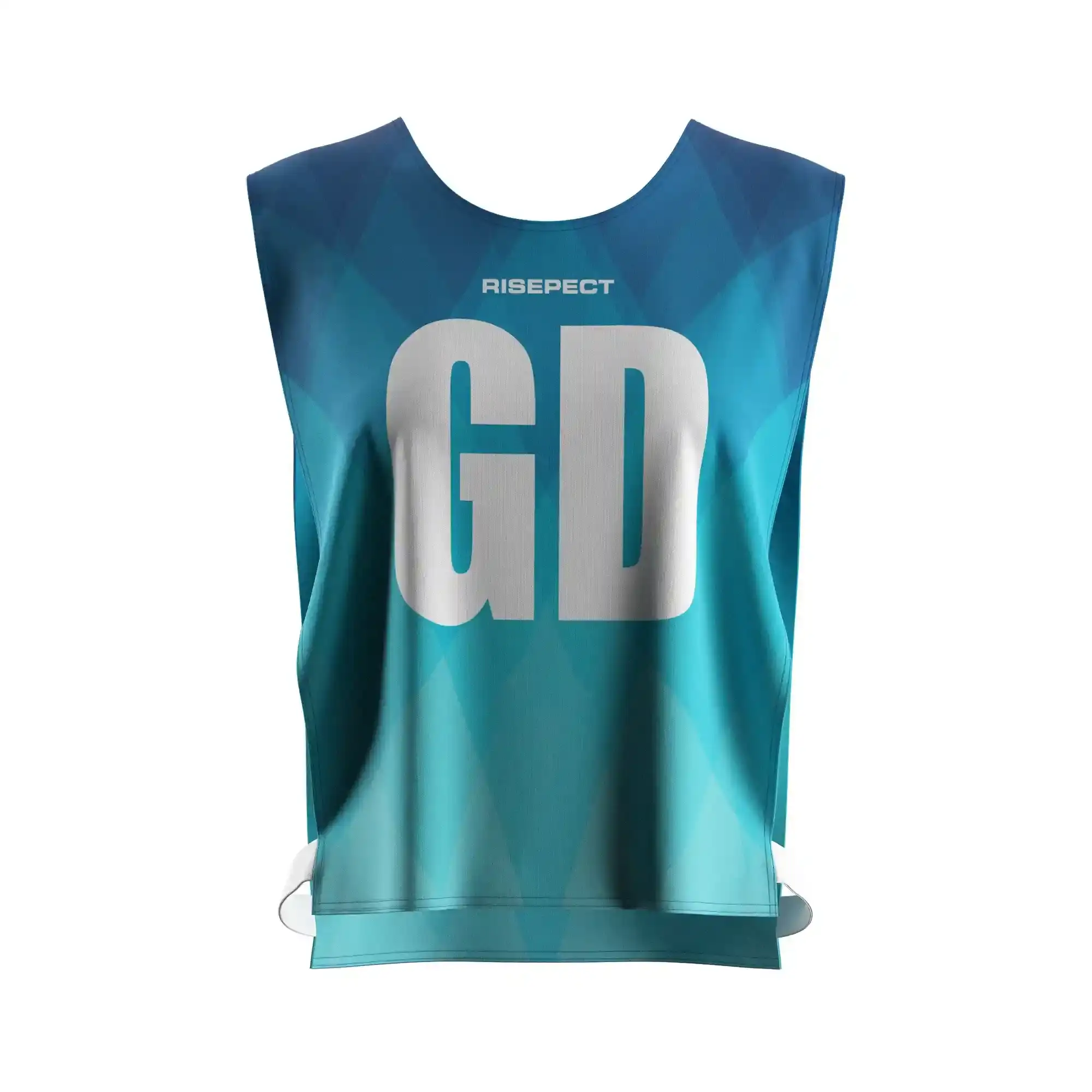 The front view of teal modern wave female scrimmage vest rowing team training gear with the letters GD