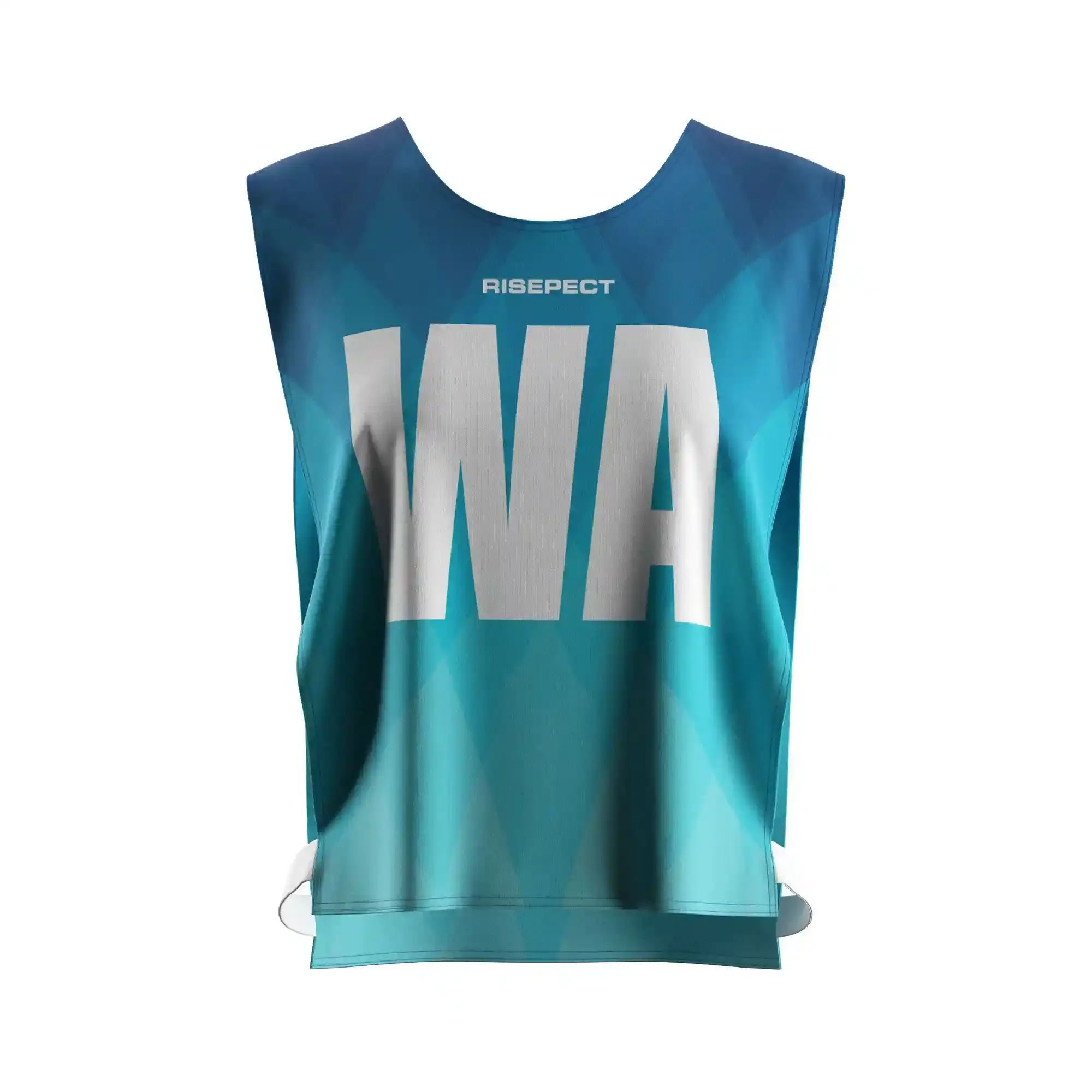The front view of teal modern wave female scrimmage vest rowing team training gear with the letters WA