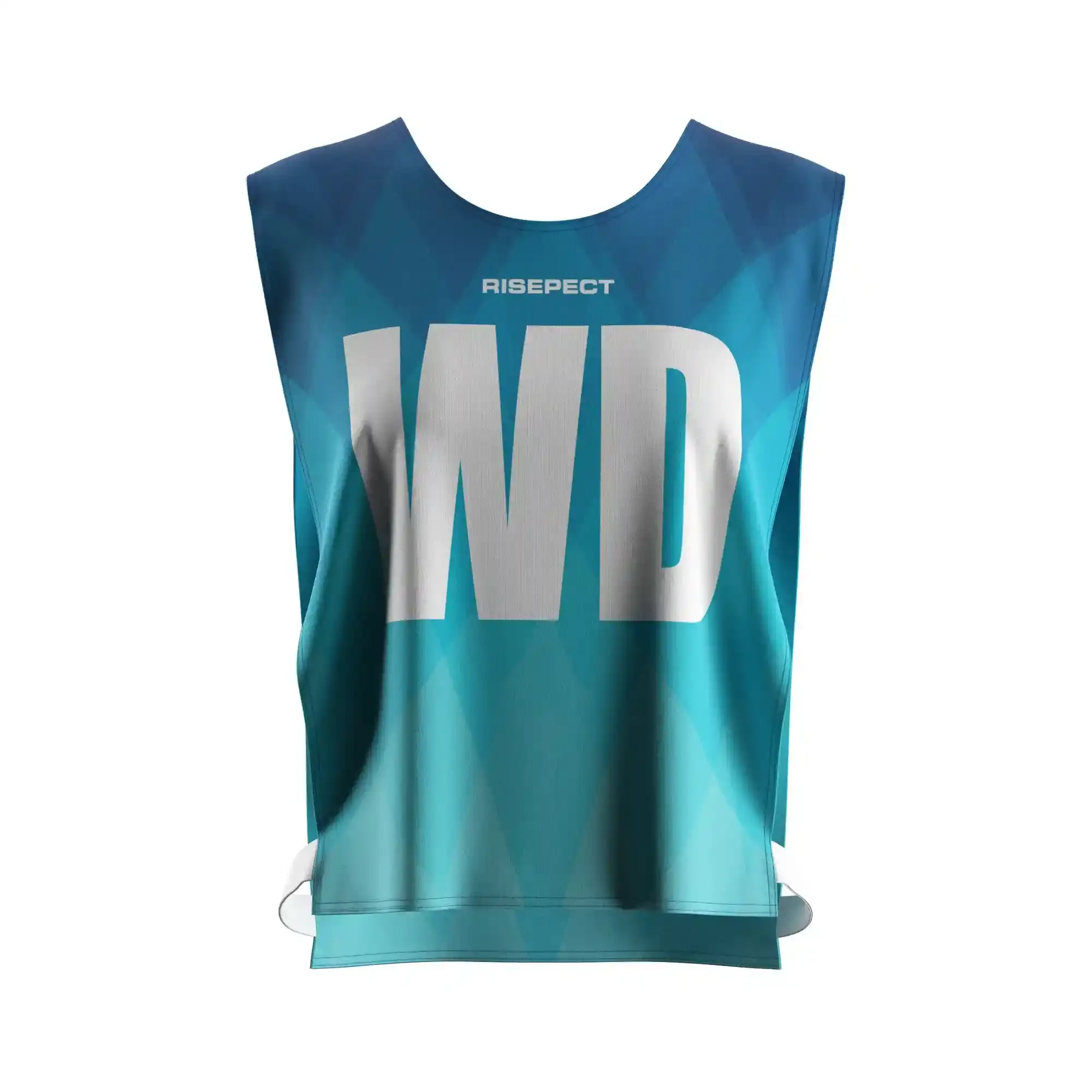 The front view of teal modern wave female scrimmage vest rowing team training gear with the letters WD