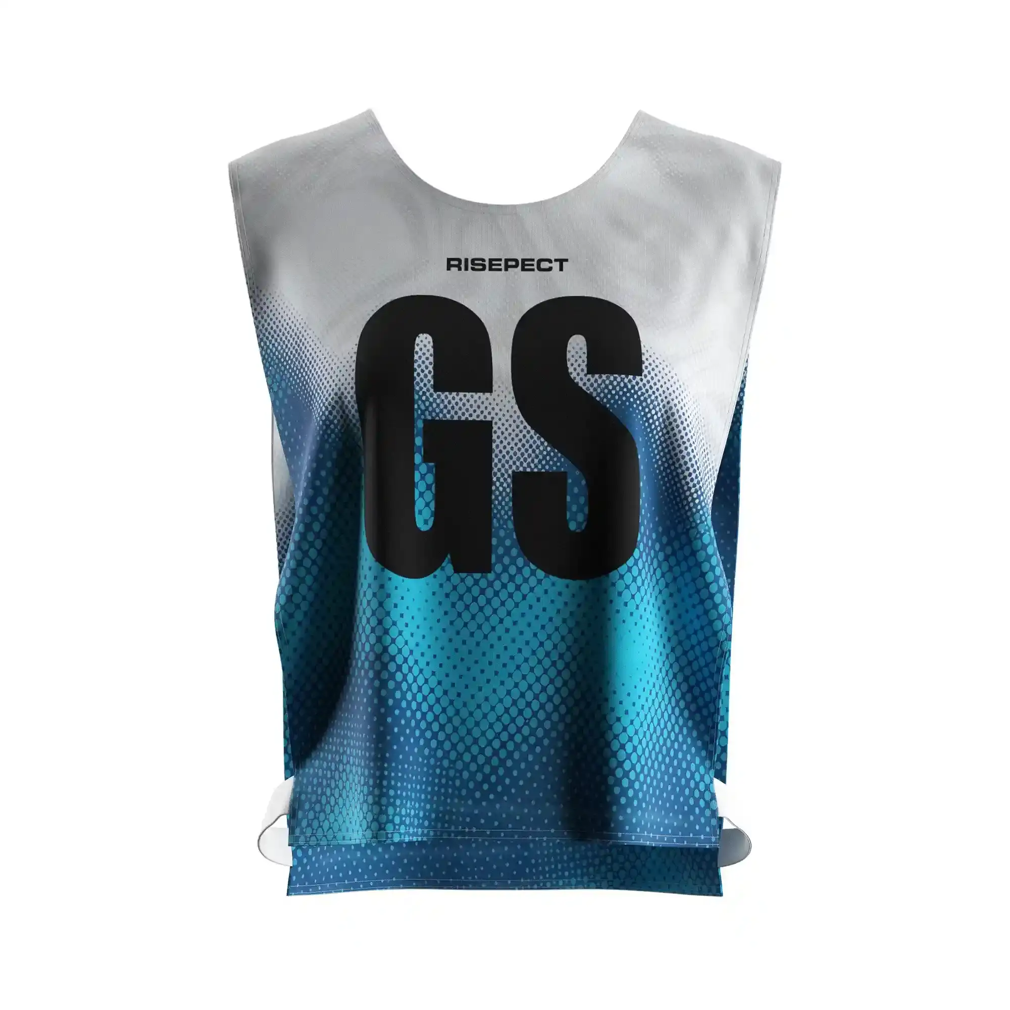 The front view of blue polka dot kayak scrimmage vest women's canoe pinny with the letters GS