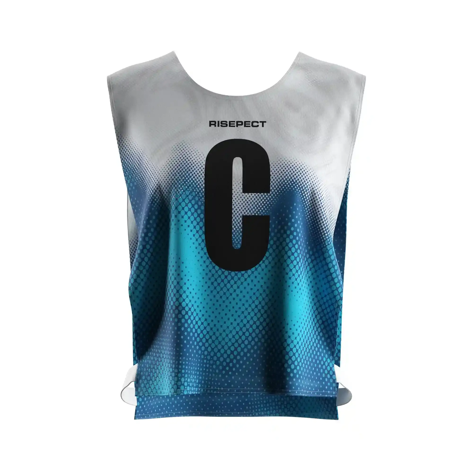 The front view of blue polka dot kayak scrimmage vest women's canoe pinny with the letters C