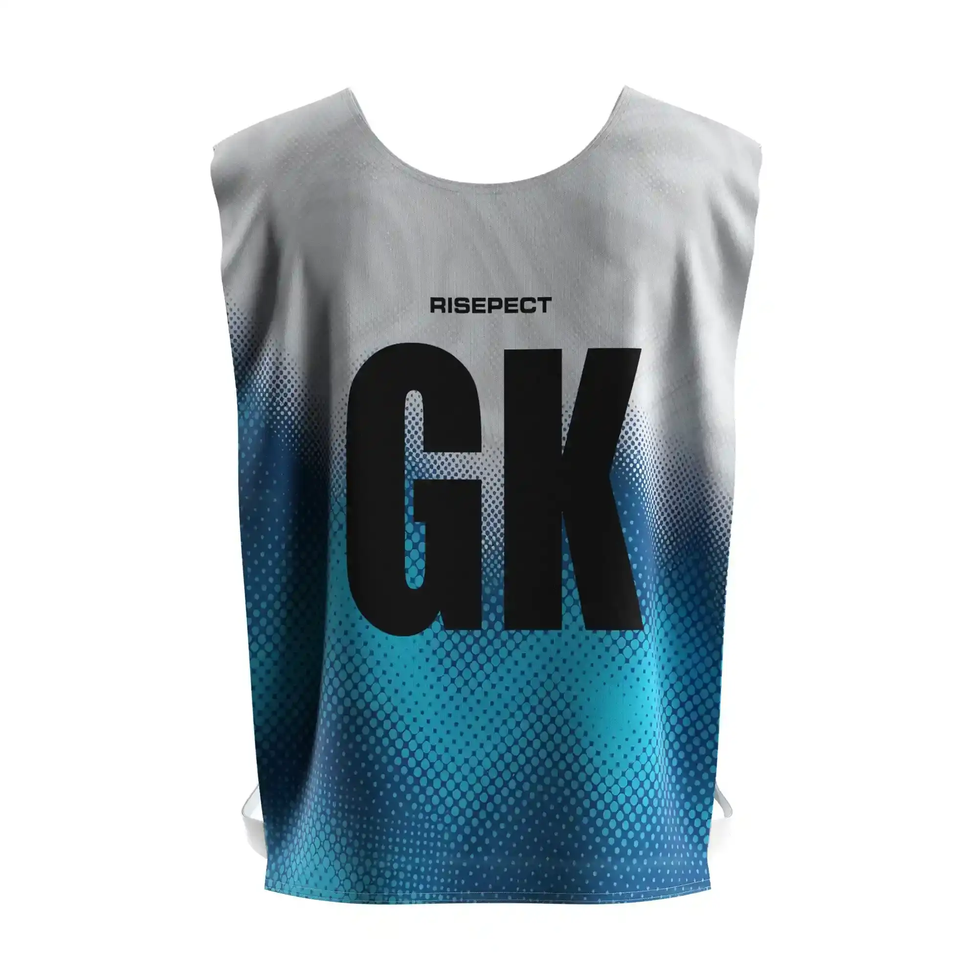 The back view of blue polka dot kayak scrimmage vest women's canoe pinny with the letters GK