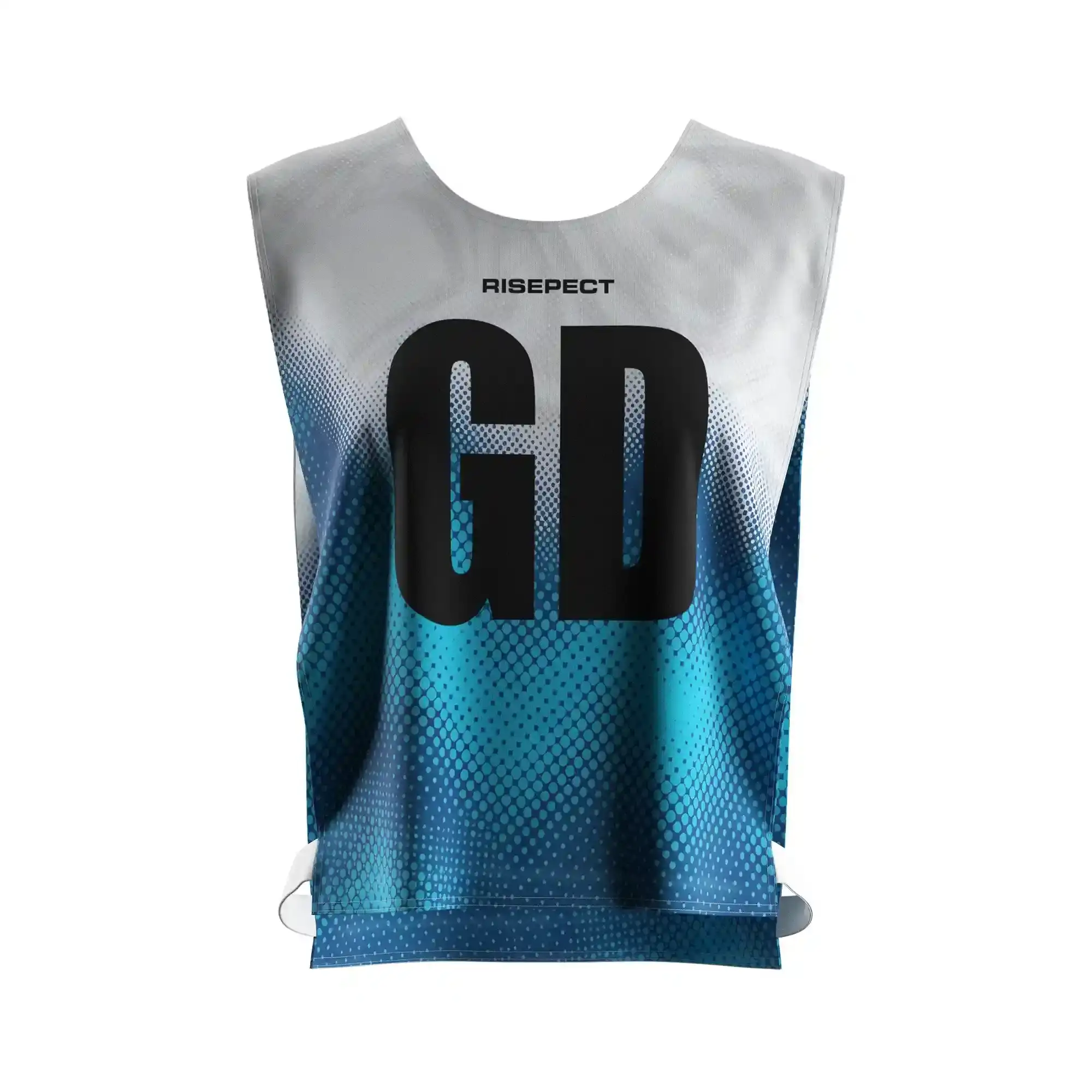 The front view of blue polka dot kayak scrimmage vest women's canoe pinny with the letters GD