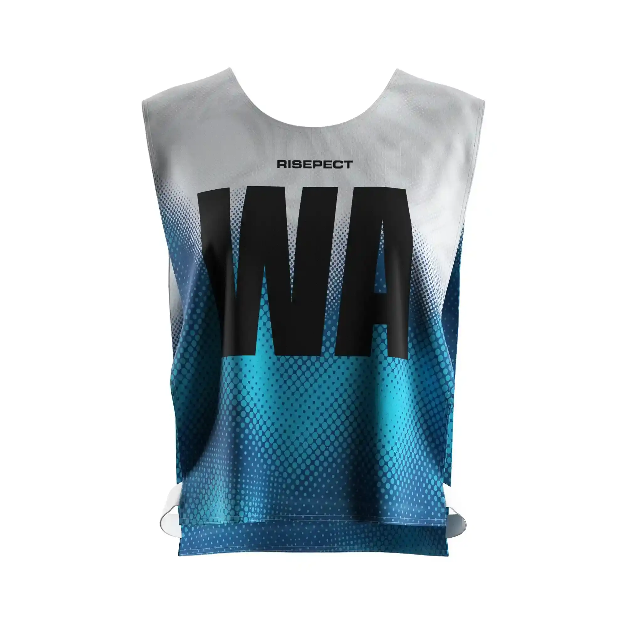 The front view of blue polka dot kayak scrimmage vest women's canoe pinny with the letters WA