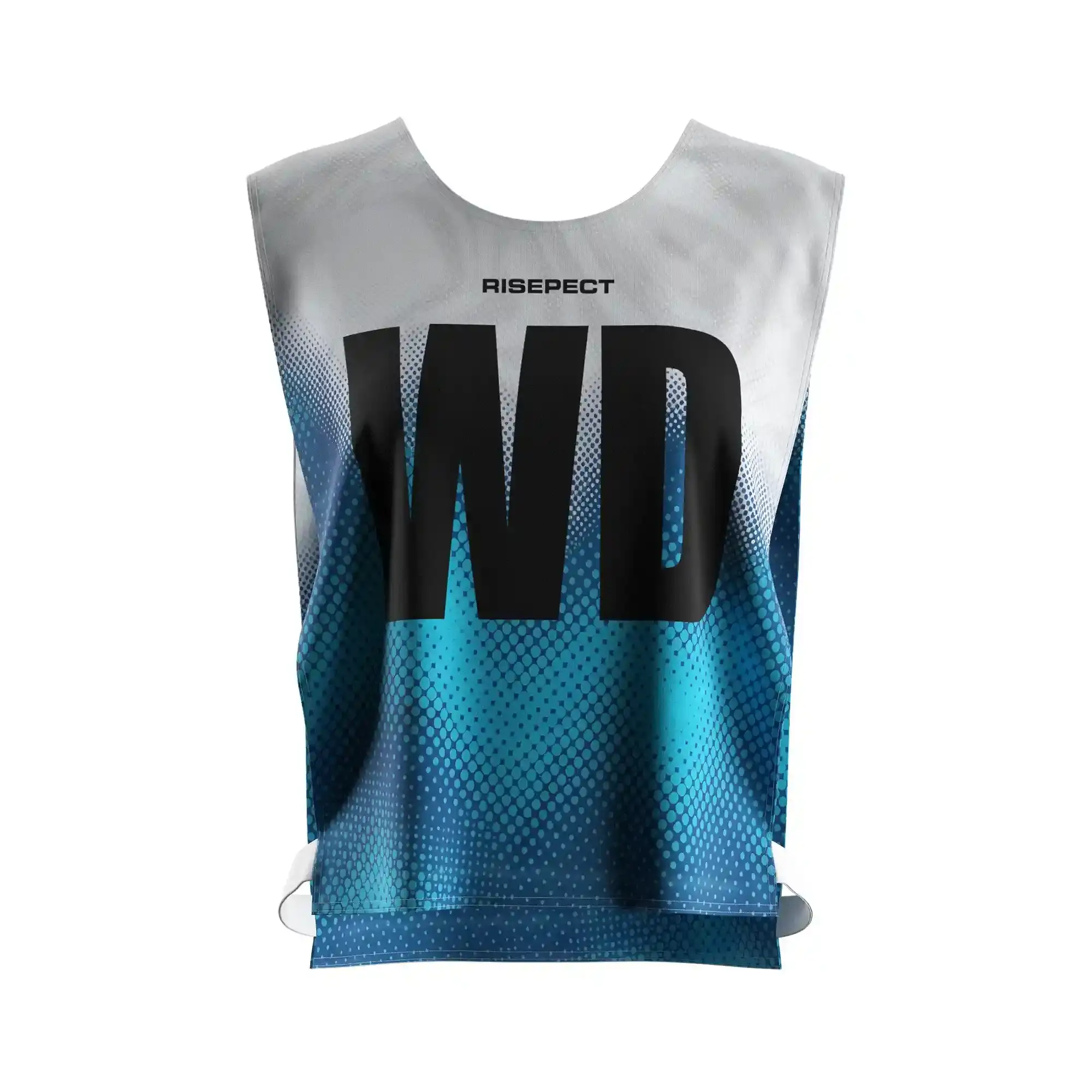 The front view of blue polka dot kayak scrimmage vest women's canoe pinny with the letters WD