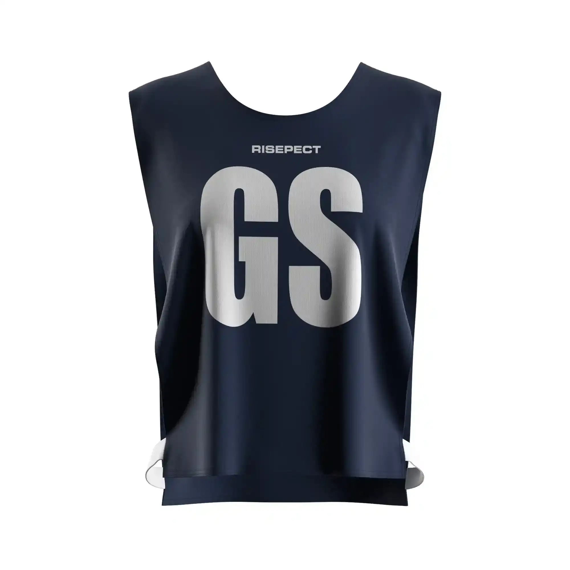 The front view of dark navy lightweight marathon kayak scrimmage vest for rowing events with the letters GS