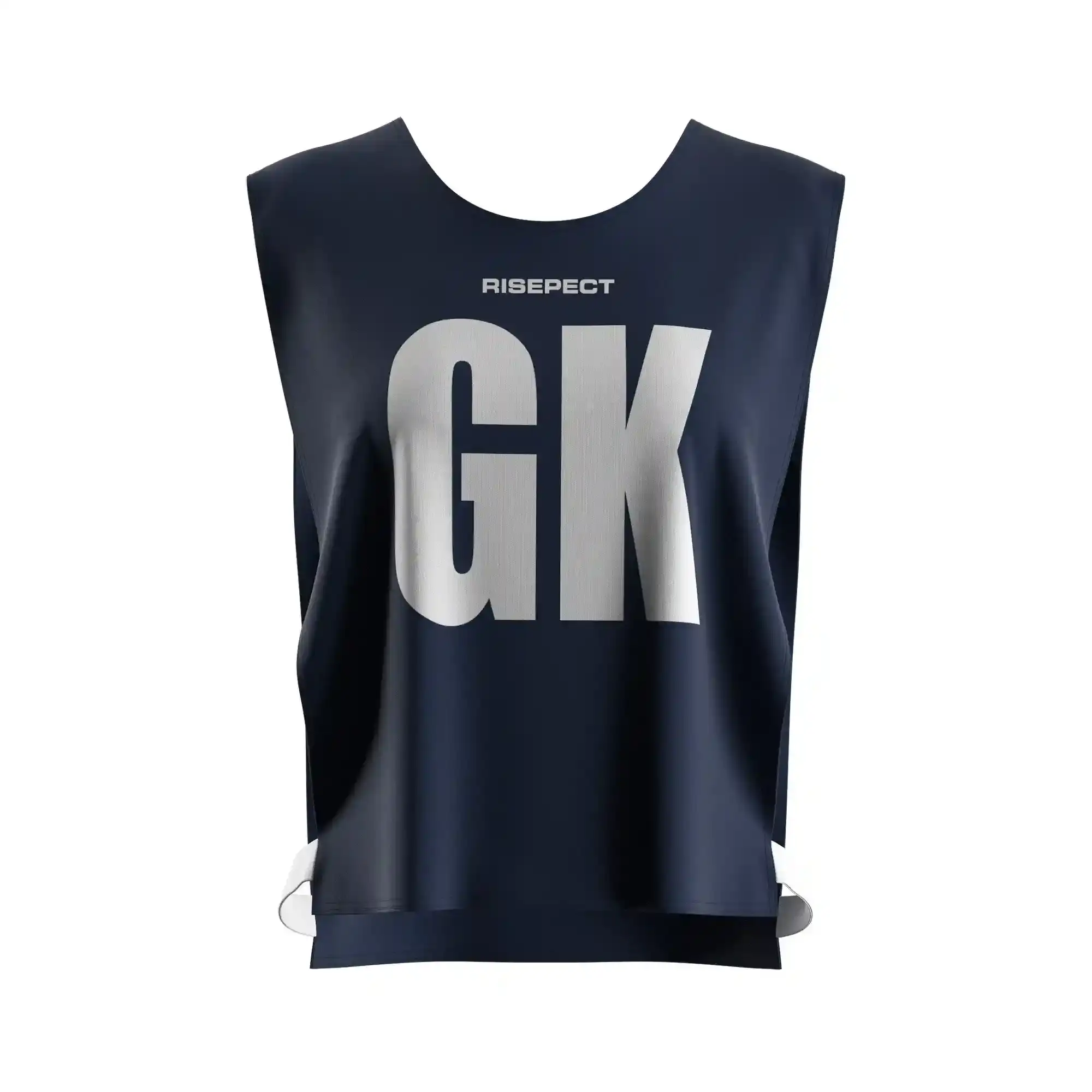The front view of dark navy lightweight marathon kayak scrimmage vest for rowing events with the letters GK