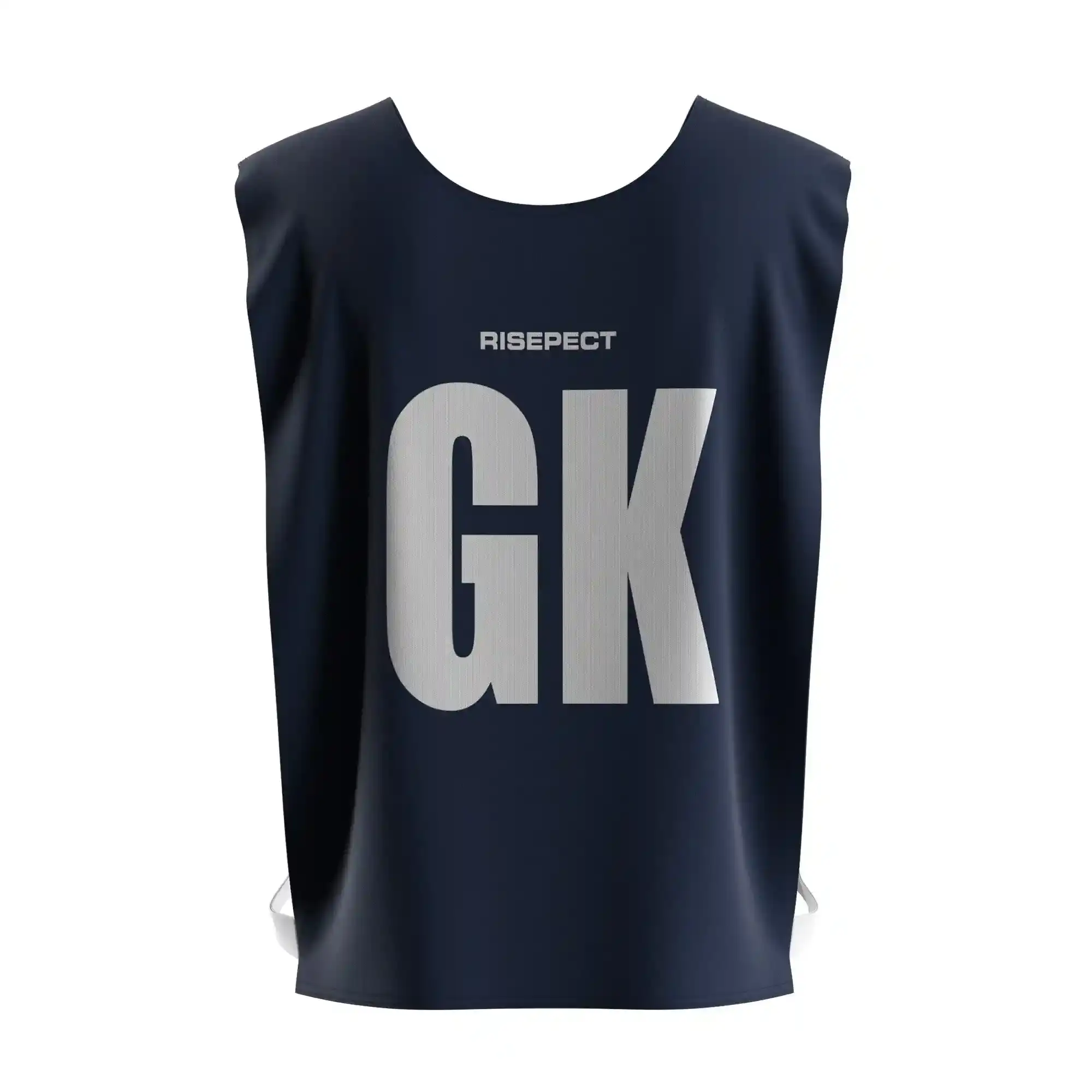 The back view of dark navy lightweight marathon kayak scrimmage vest for rowing events with the letters GK