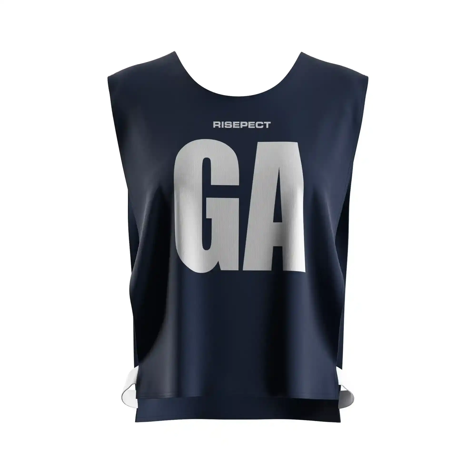 The front view of dark navy lightweight marathon kayak scrimmage vest for rowing events with the letters GA